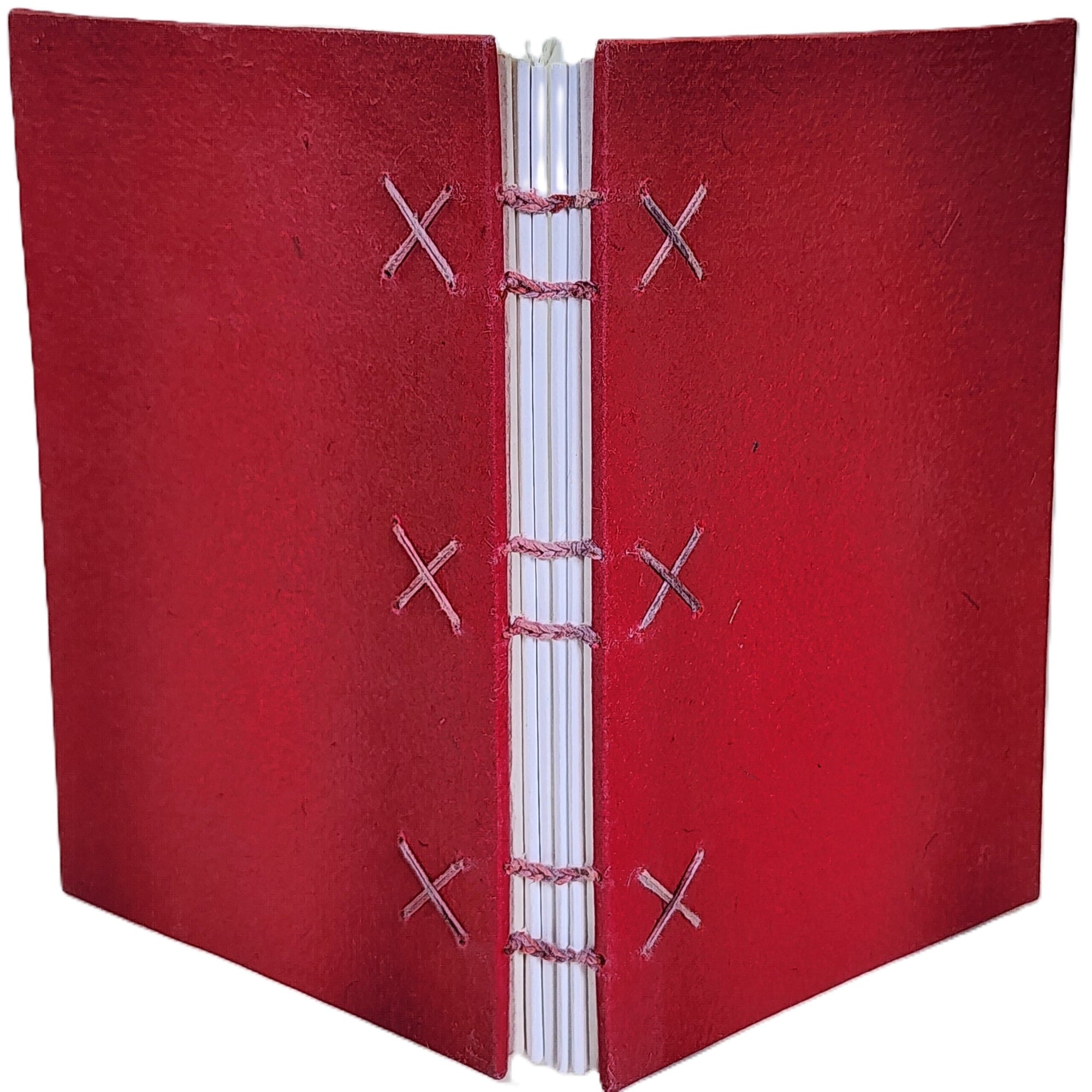 A 4.25×6.25" 120-page journal with red handmade Cave Paper covers; six signatures of white paper; six-needle coptic binding makes three X's on each cover.