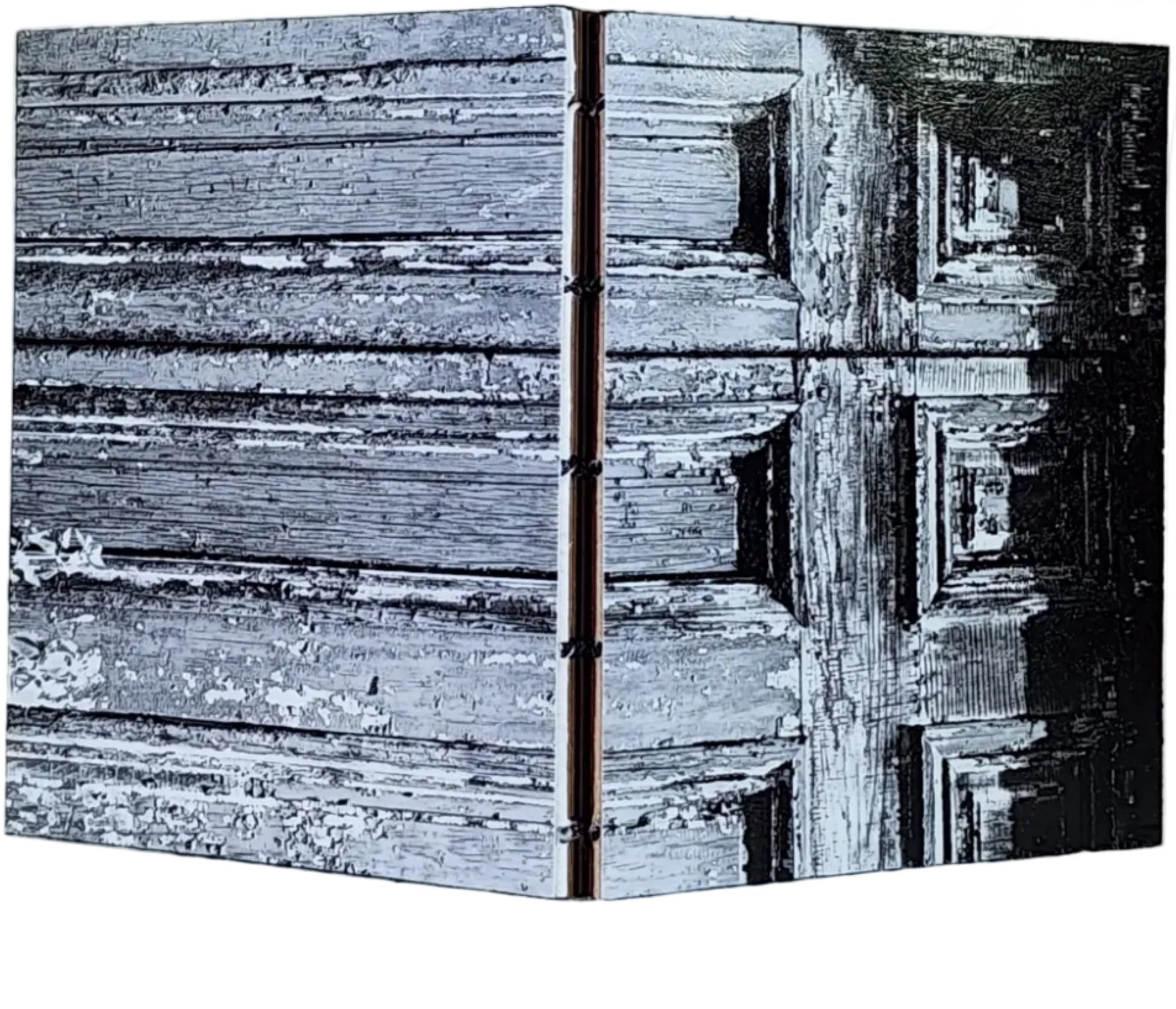 Black-and-white cover photo of door with peeling paint by Rick Graves, six signatures of mixed-colors paper, and coptic binding with variegated black-and-white thread. ~4x4.75" with 60 pages. 