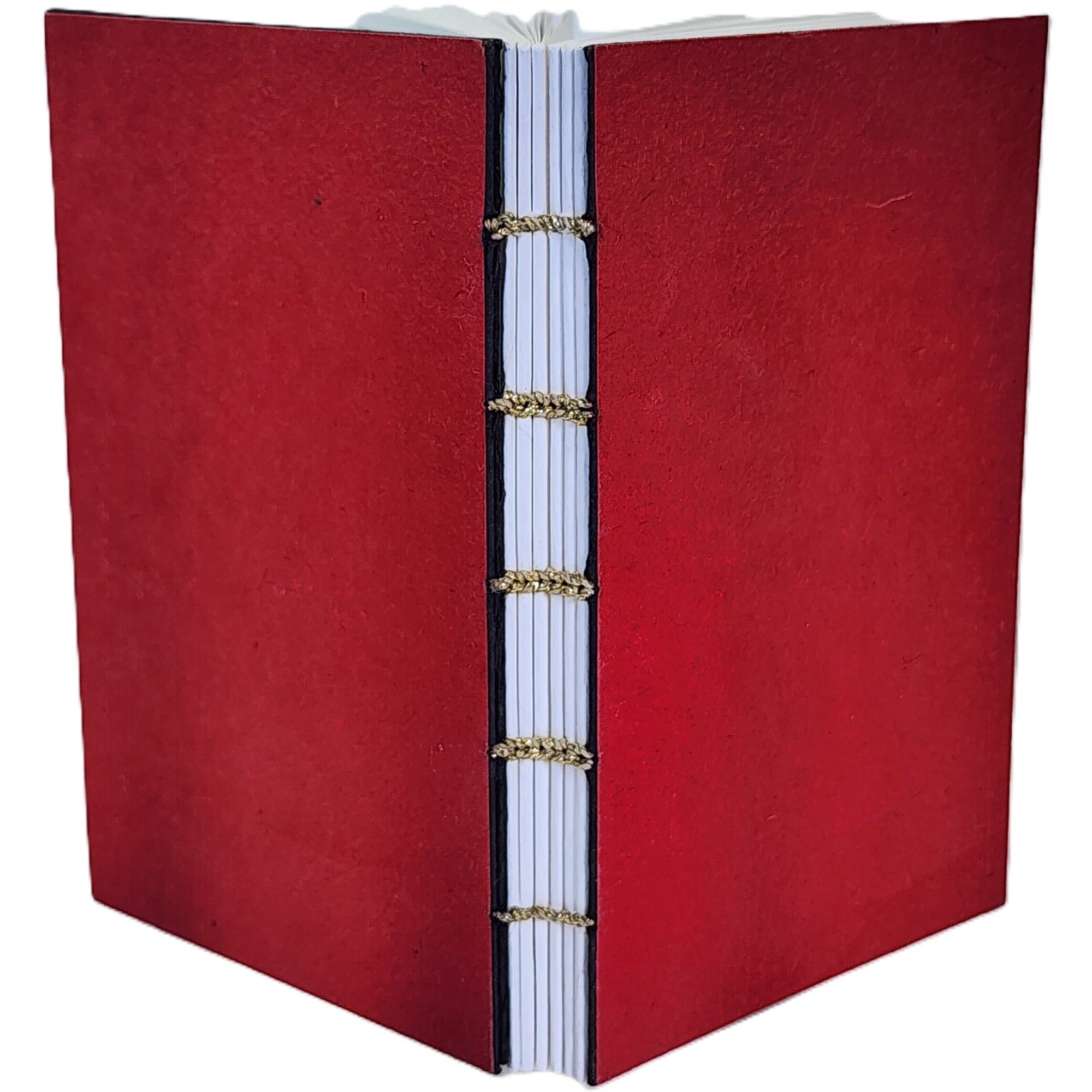 Red handmade Cave Paper covers, six signatures white paper, coptic-bound with gold metallic polyester thread. ~3.75×6″ · 120 pages.