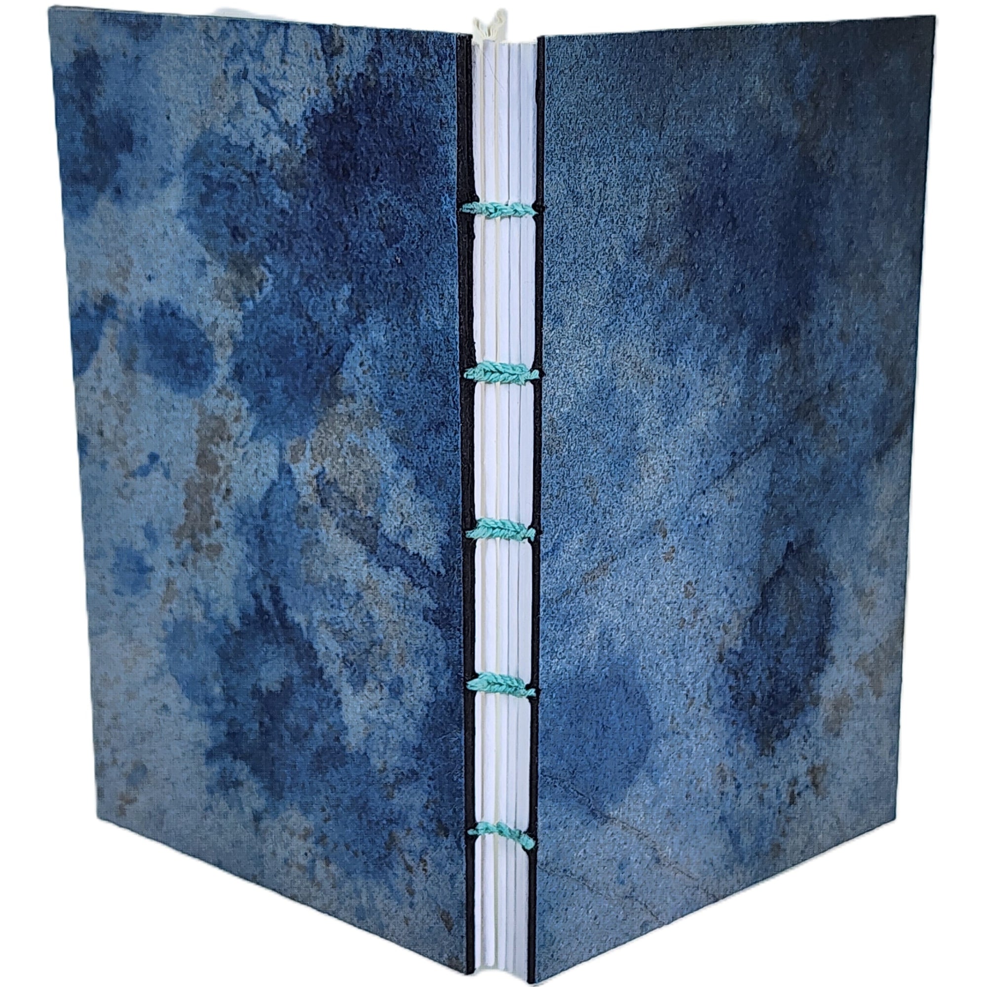 Mottled blue handmade Cave Paper covers, six signatures of white paper, coptic-bound with seafoam-green linen thread. ~3.75×6″ · 120 pages.