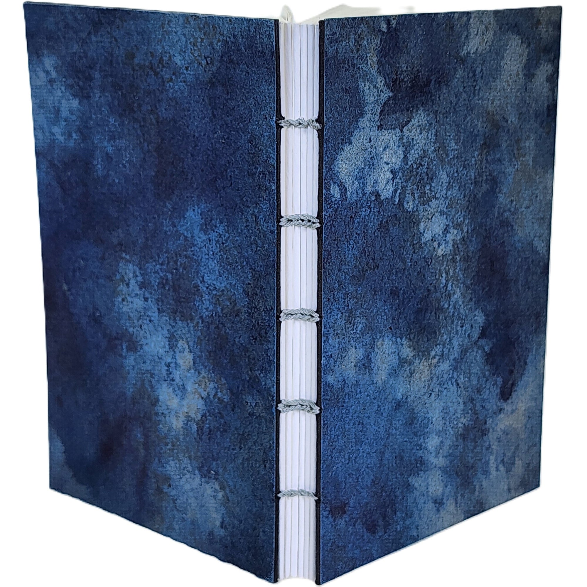Mottled blue handmade Cave Paper covers, six signatures of white paper, coptic-bound with linen thread. ~3.75×6″ · 120 pages.