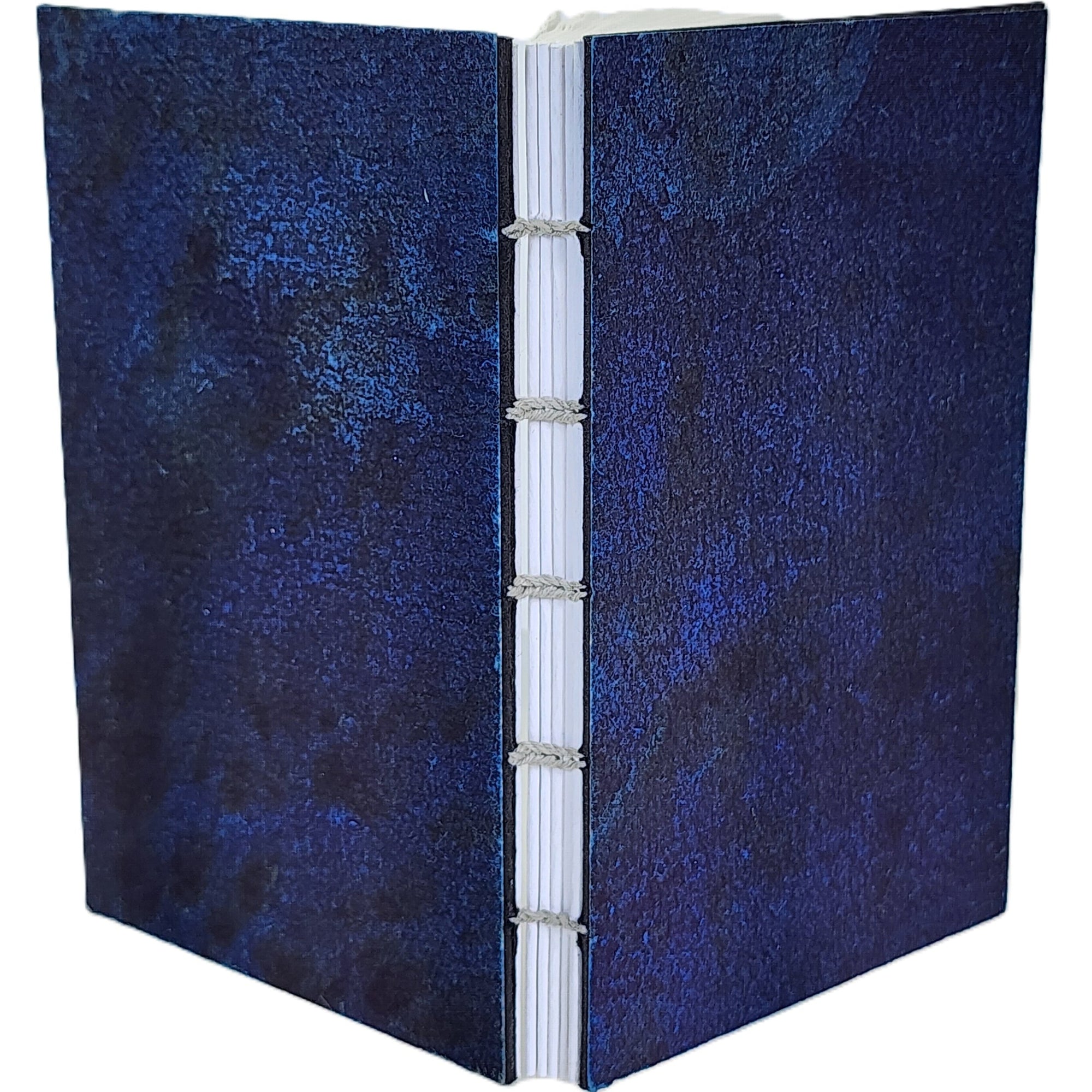 Blue handmade Cave Paper covers, six signatures of white paper, coptic-bound with linen thread. ~3.75×6″ · 120 pages.