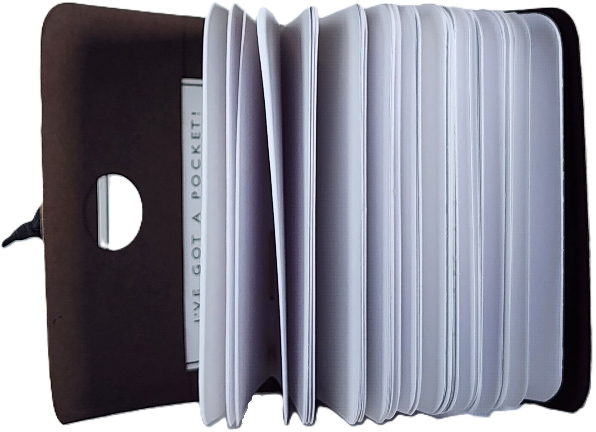 Small handmade book with brown interior, nine signatures of white drawing paper, black elastic closure, and a small interior pocket. ~4x5.5" with 180 pages.