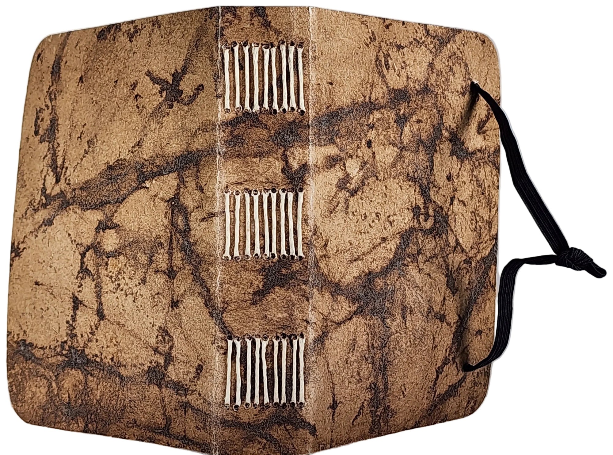 Exterior of book with  Cave Paper's brown-crackle wrap-around cover, longstitch binding, and a black elastic closure. ~4x5.5" with 180 pages.