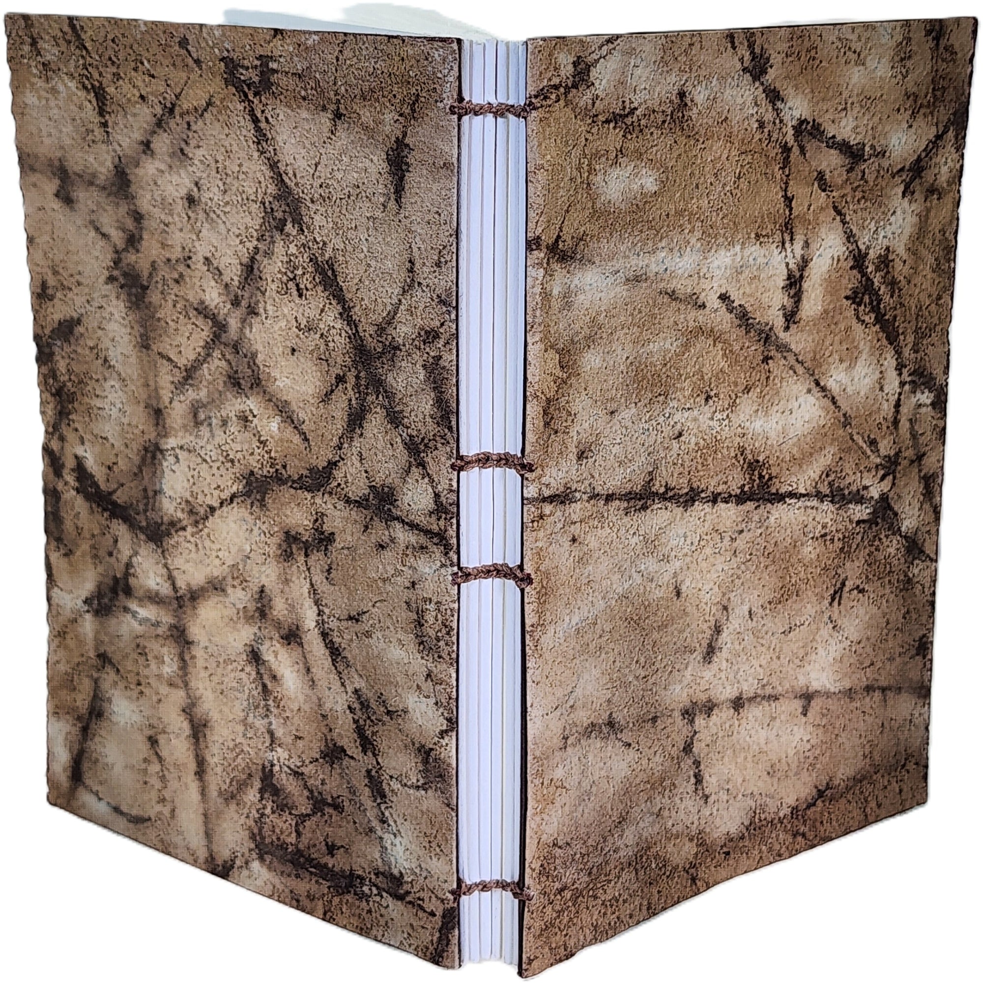 Handmade notebook with brown crackle paper on covers, six signatures white paper, coptic-bound with linen thread. ~4.25×6″ · 120 pages.