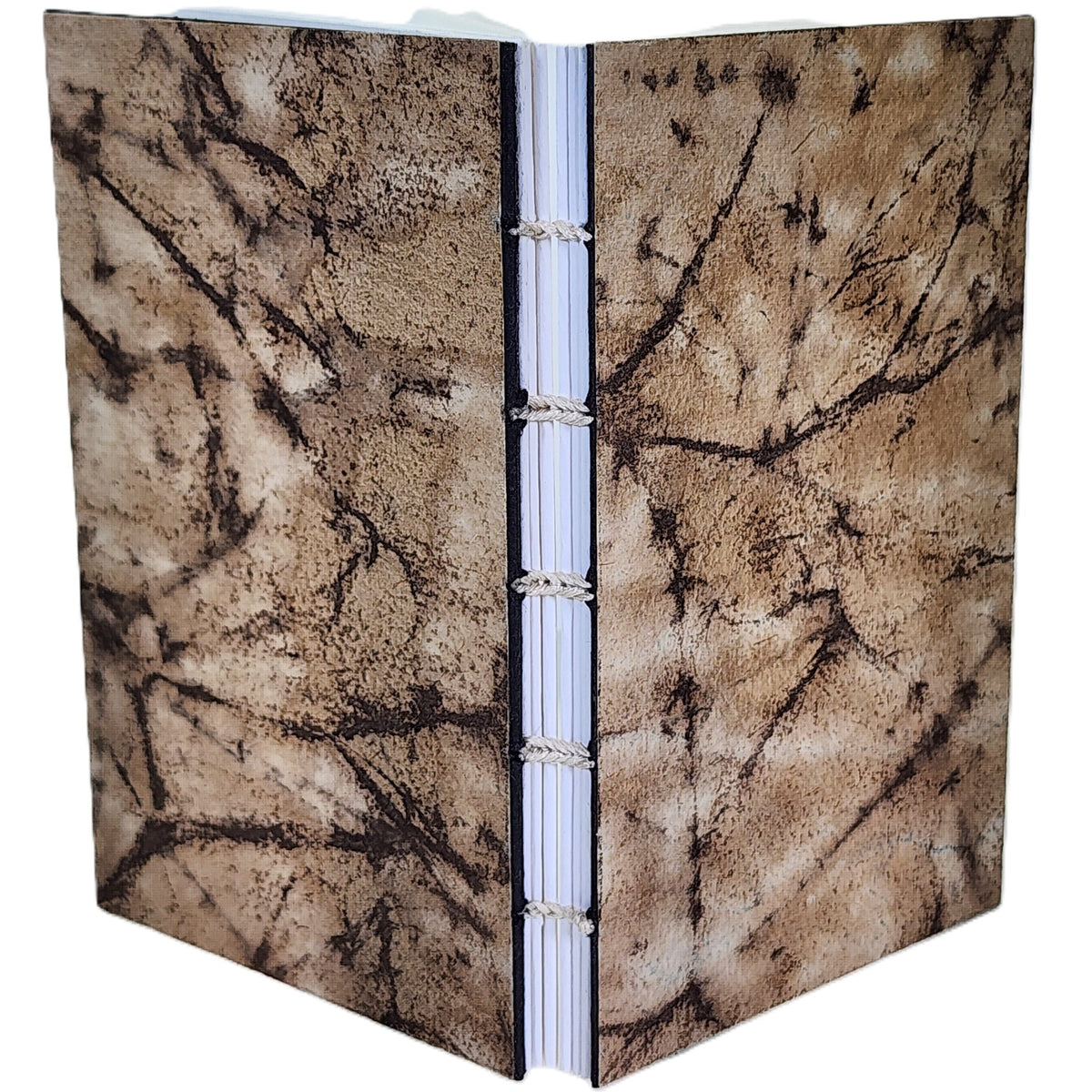 Handmade notebook with Cave Paper's brown crackle paper on covers, six signatures of white paper, coptic-bound with linen thread. ~3.75×6″ · 120 pages.