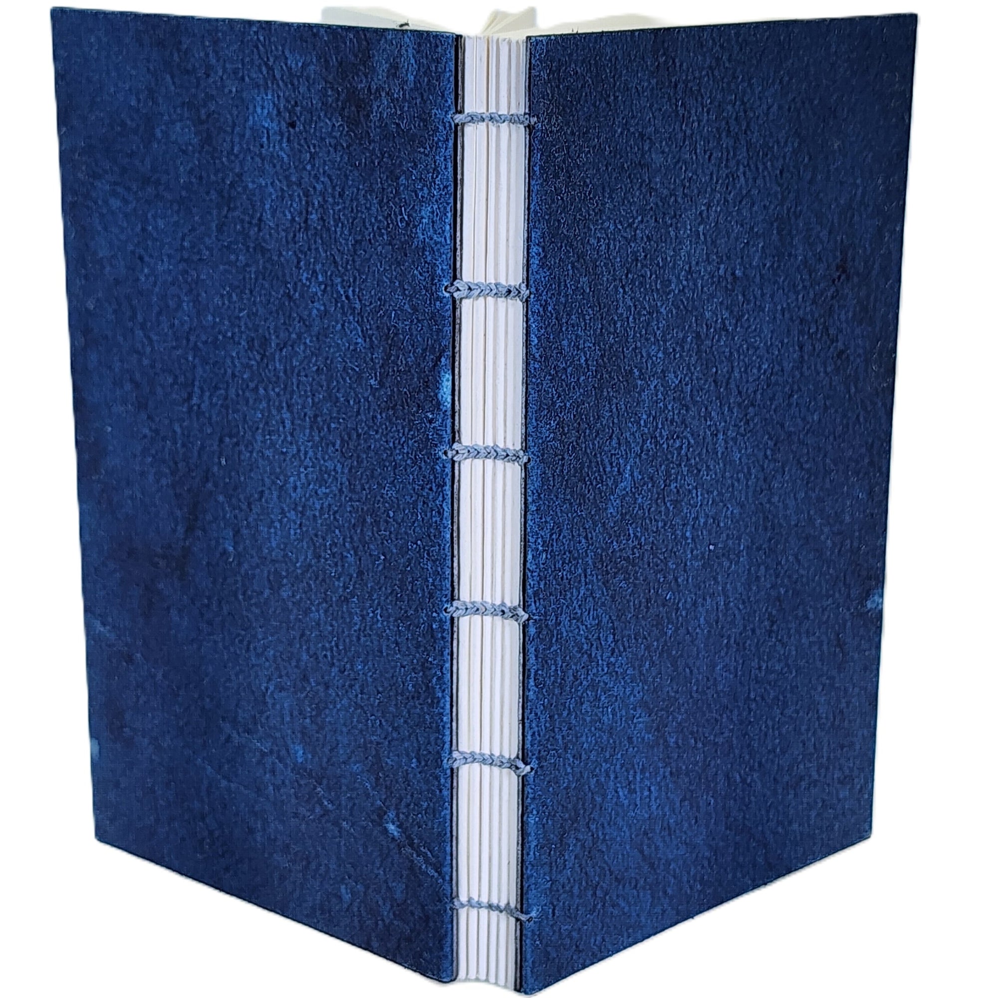Handmade notebook with blue Cave Paper on covers, six signatures white paper, coptic-bound with linen thread. ~3.5×6″ · 120 pages.