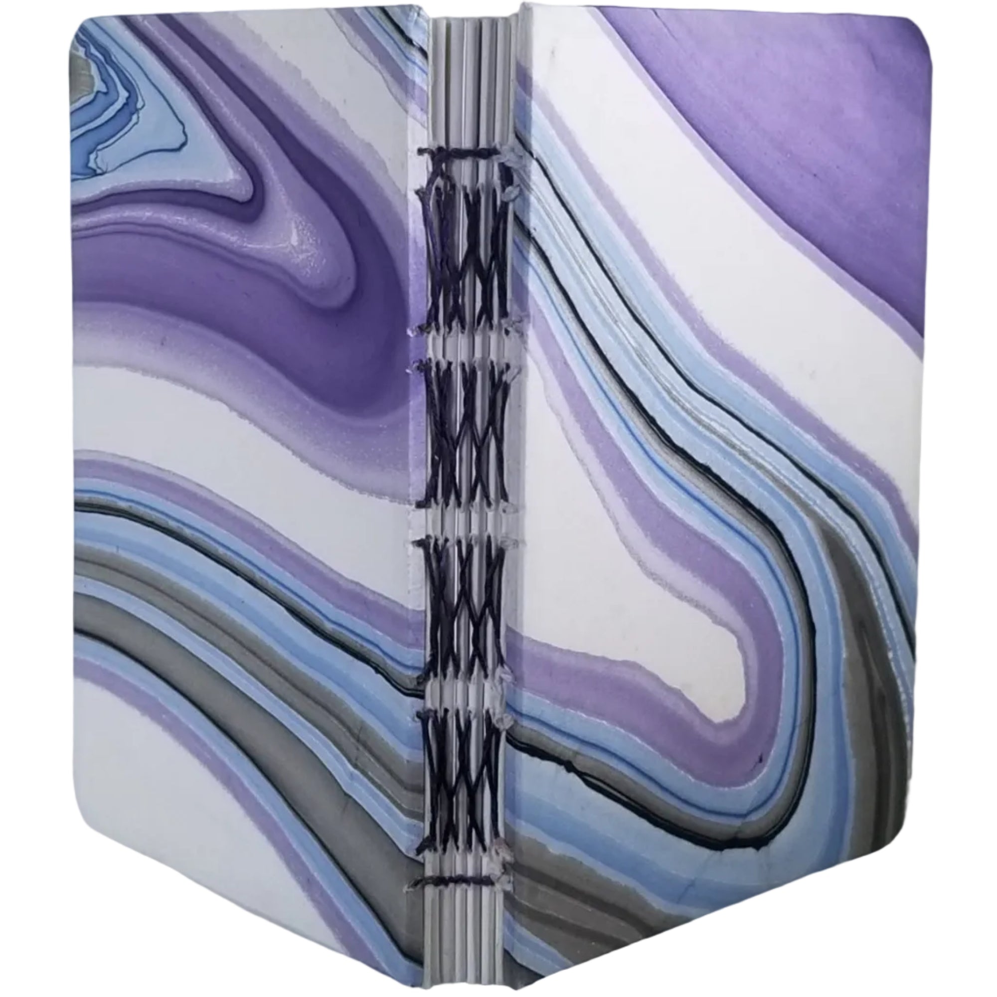 Handmade journal with mulberry (kozo-gami) paper covers, in a multicolor marbled pattern, and six signatures bound with a French-link stitch. 4.25x5.5, 144 pages.