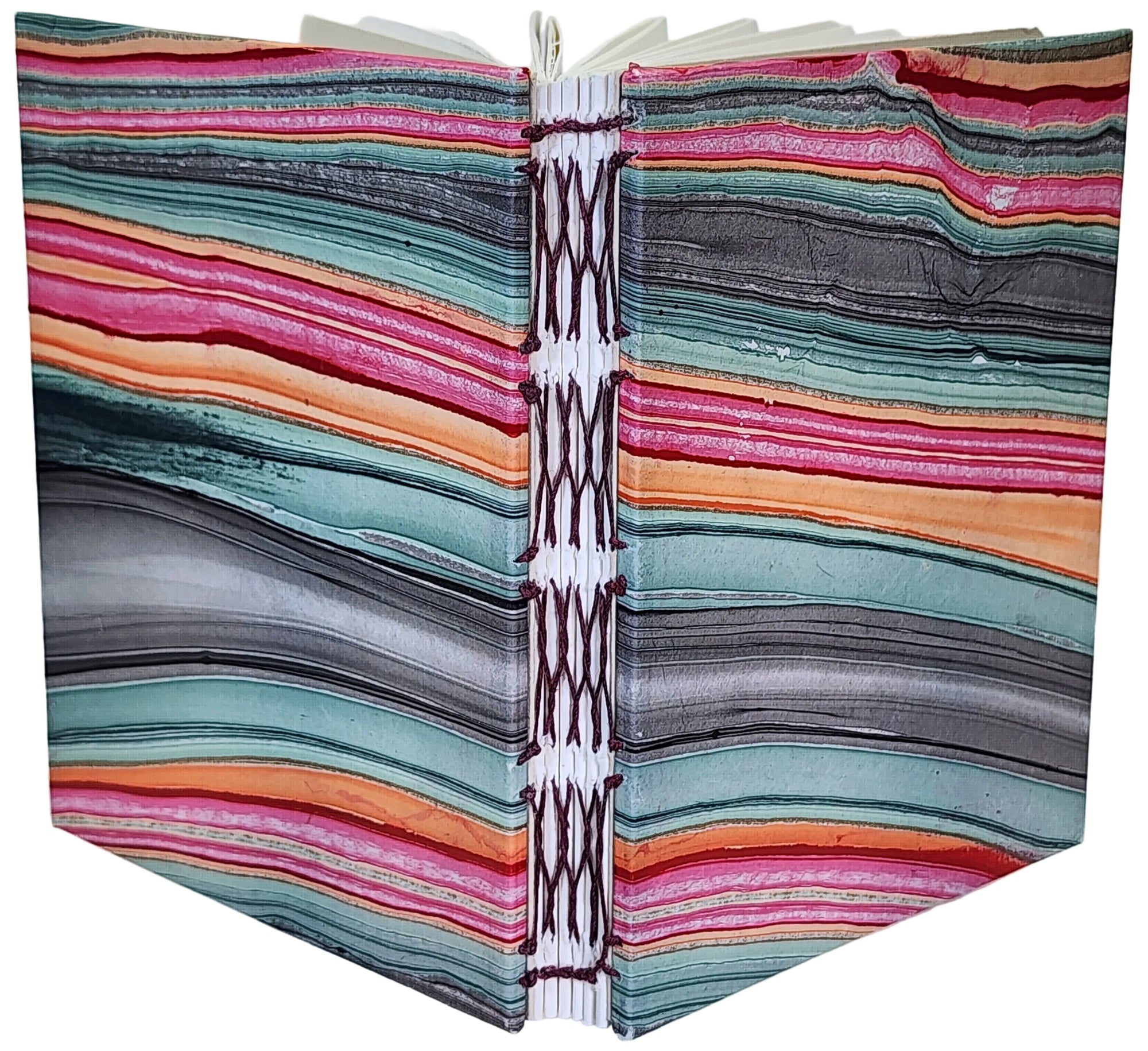 Handmade journal with mulberry (kozo-gami) paper covers, in a multicolor marbled pattern, and six signatures bound with a French-link stitch. 4.25x5.5, 144 pages.