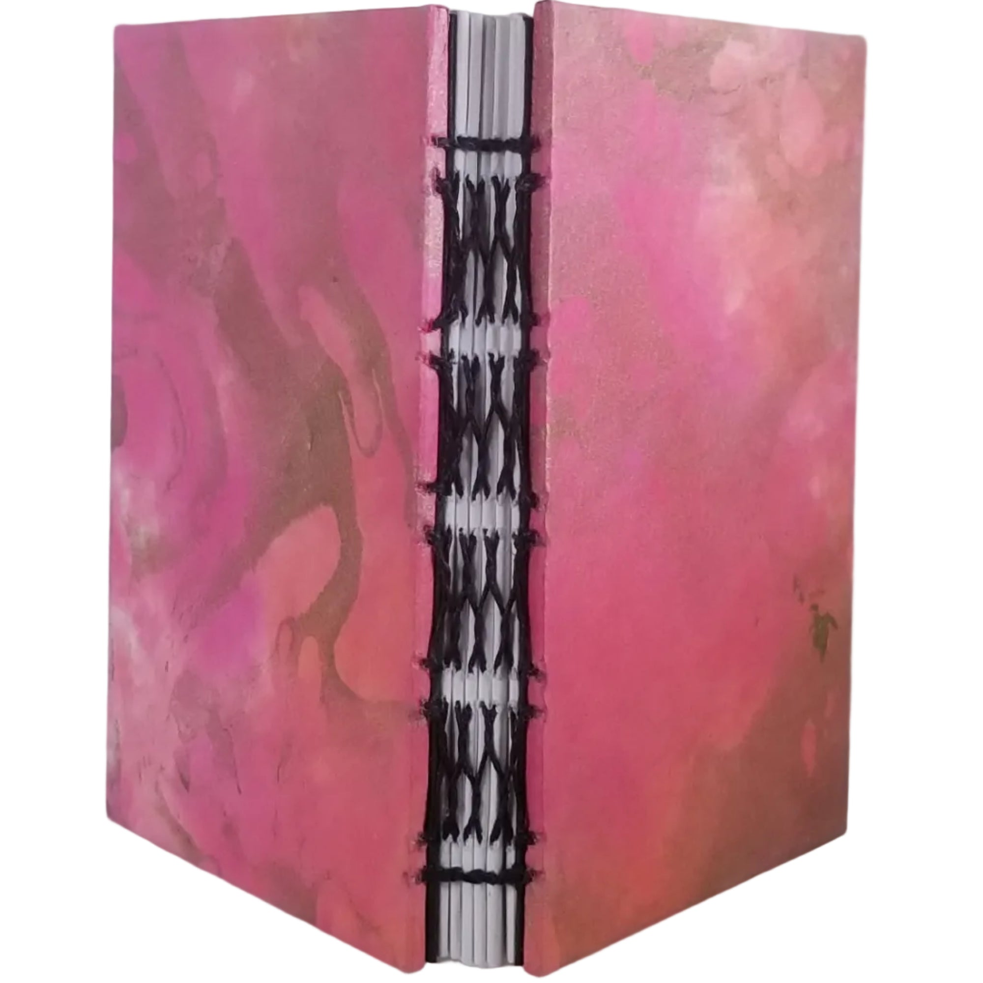 Handmade journal with mulberry (kozo) paper covers, in a pink and gold marbled pattern, and six signatures bound with a French-link stitch. 4.25x5.5, 144 pages.