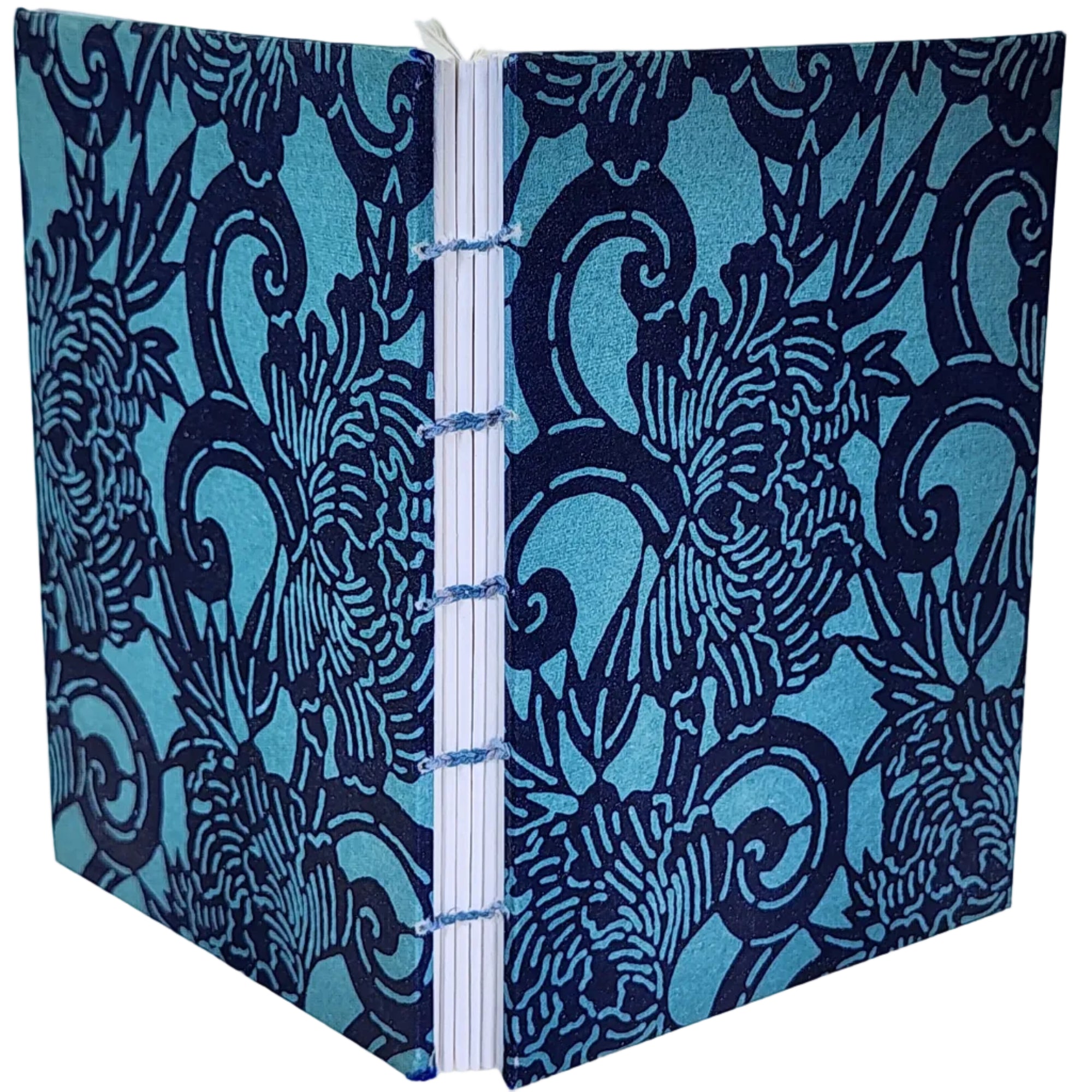 Handmade journal with Japanese Katazome-Shi cover paper, in an abstract blue pattern, from the former studio of Mr. Kawakatsu. 4.25x6, 112 pages
