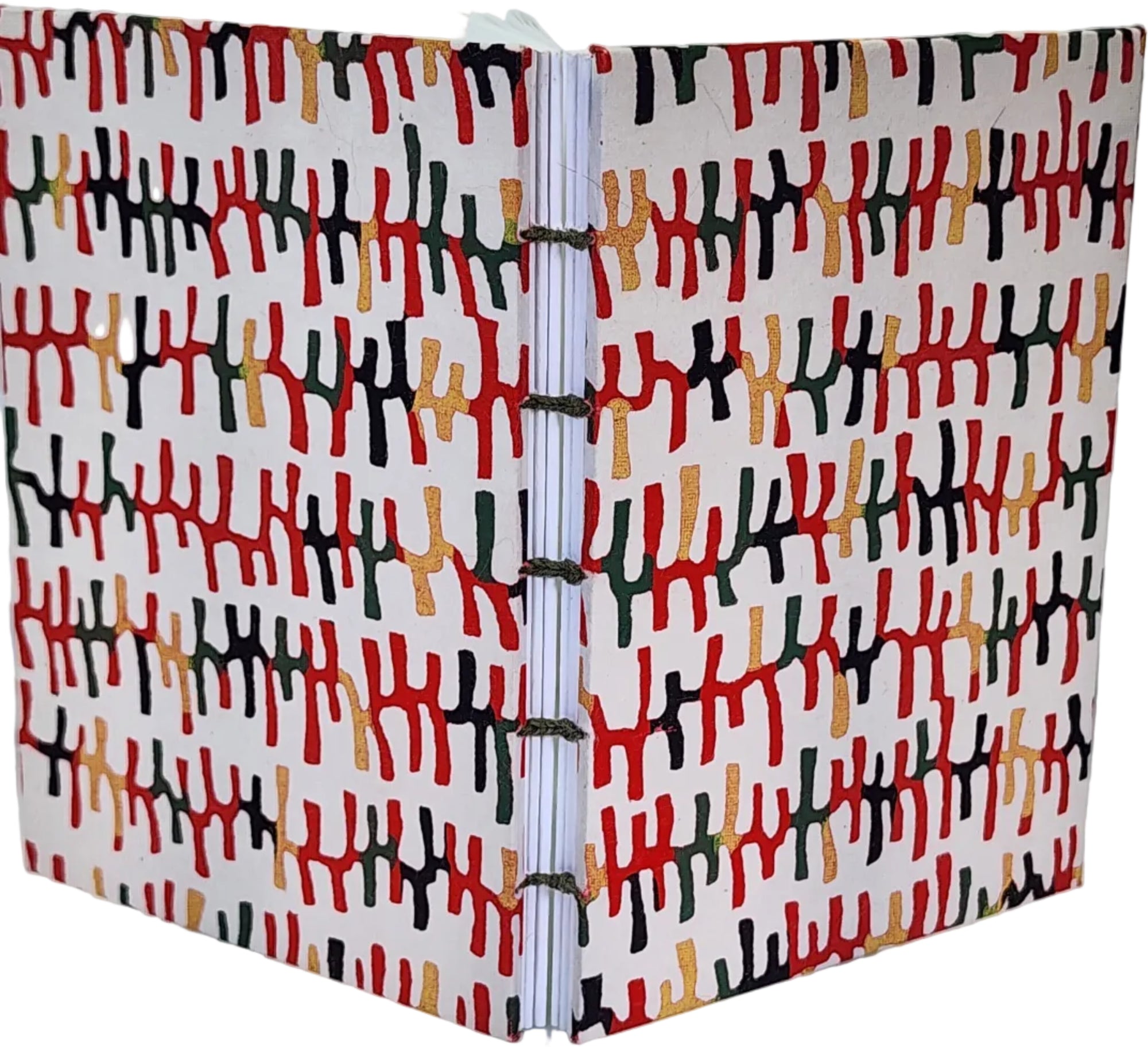 Handmade journal with Japanese Katazome-Shi cover paper, in an abstract multicolor pattern, from the former studio of Mr. Kawakatsu. 4.25x6, 112 pages.
