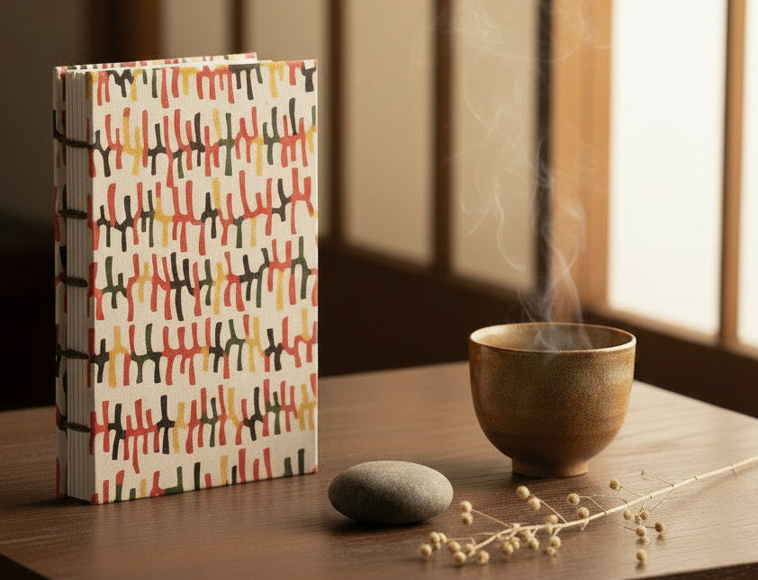 The same handmade book (see previous) but in a computer-generated setting with tea, a smooth rock, and a sprig of dried buds.