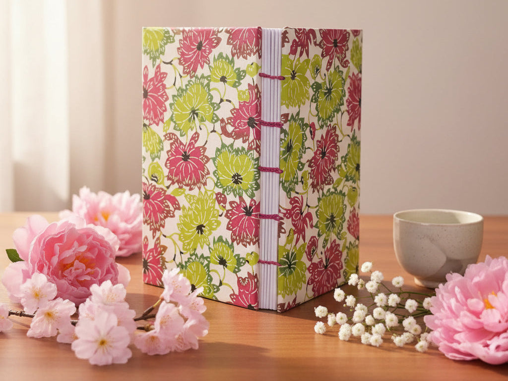 AI- generated image of the same floral-patterned journal on a table with flowers and tea