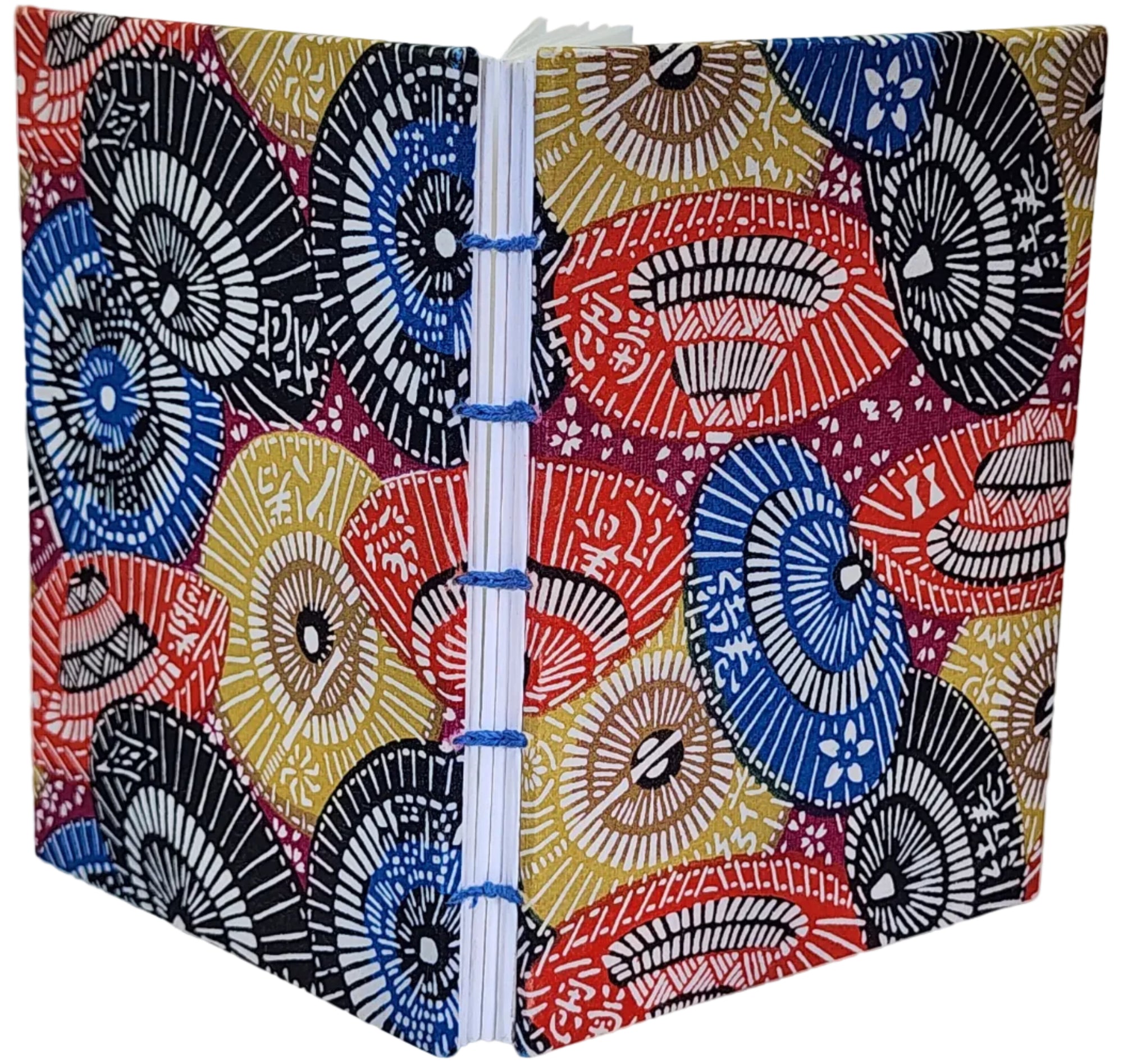 Handmade journal with Japanese Katazome-Shi cover paper, in a multicolor abstract umbrella pattern, from the former studio of Mr. Kawakatsu. 4.25x6, 112 pages