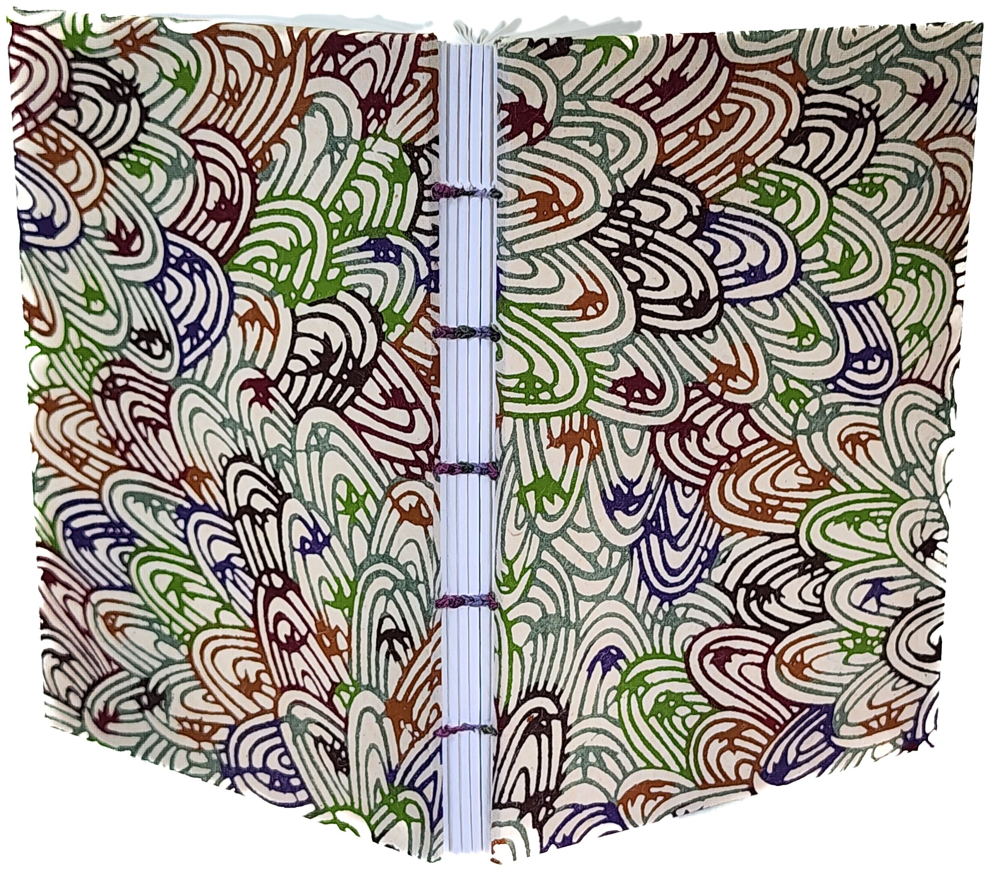 Handmade coptic-bound book with a Japanese Katazome-Shi cover paper, in an abstract multicolor pattern, from the former studio of Mr. Kawakatsu. 4.25x6, 112 pages.