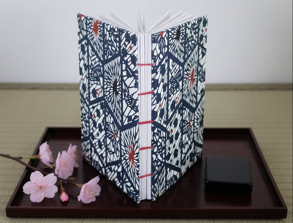 The same book (as in the previous image) in a computer-generated setting with the book on a Japanese tray with a sprig of cherry blossoms and a small black box.