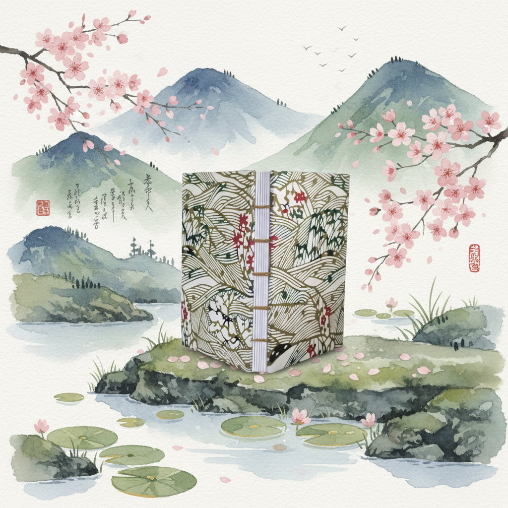 Computer generation imagining a similar book as the centerpiece of a Japanese landscape painting.