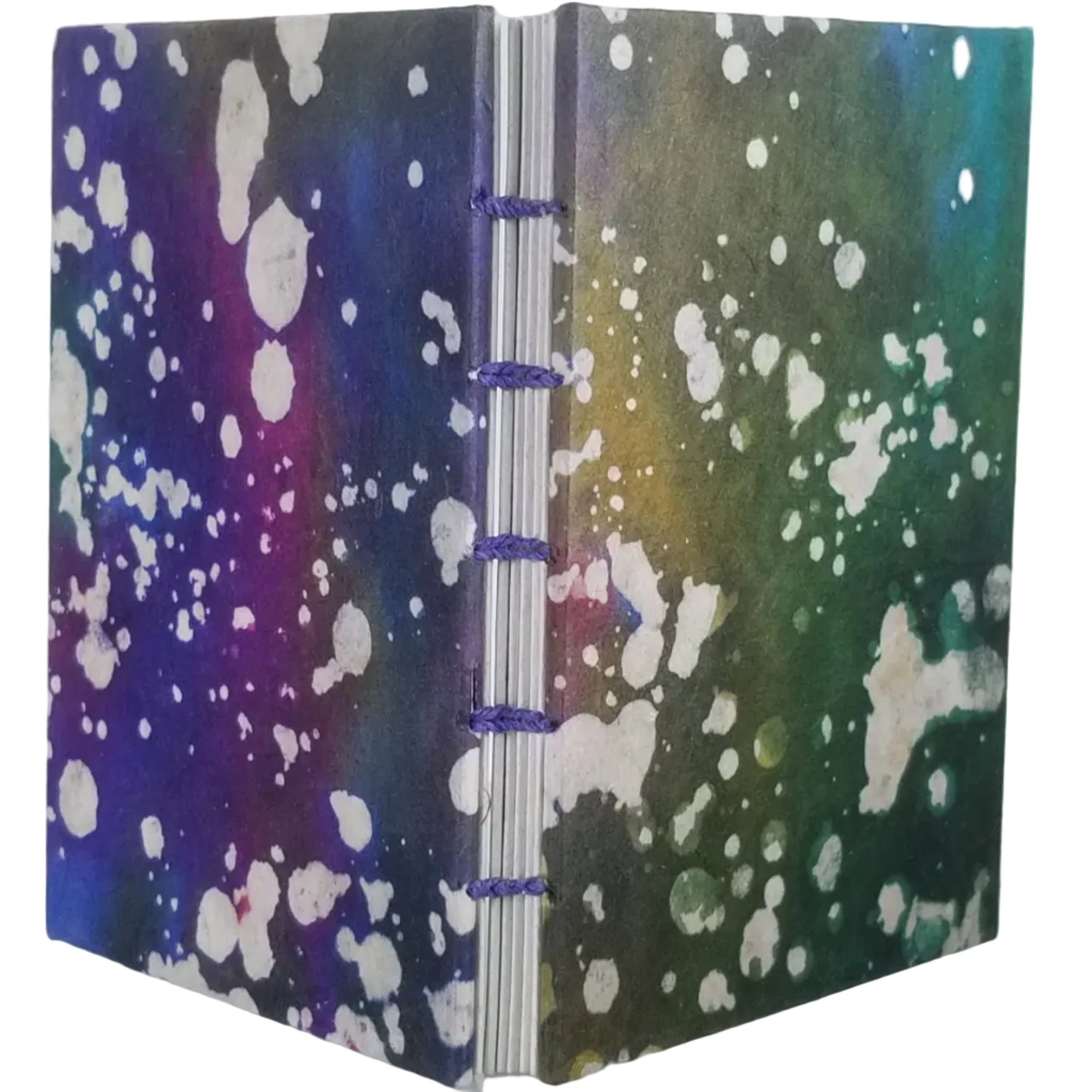 Small handmade journal with purple/blue/green/beige marbled papers on the covers; six signatures of beige paper; coptic-bound with purple waxed linen thread. ~4×5.5" and 92 pages