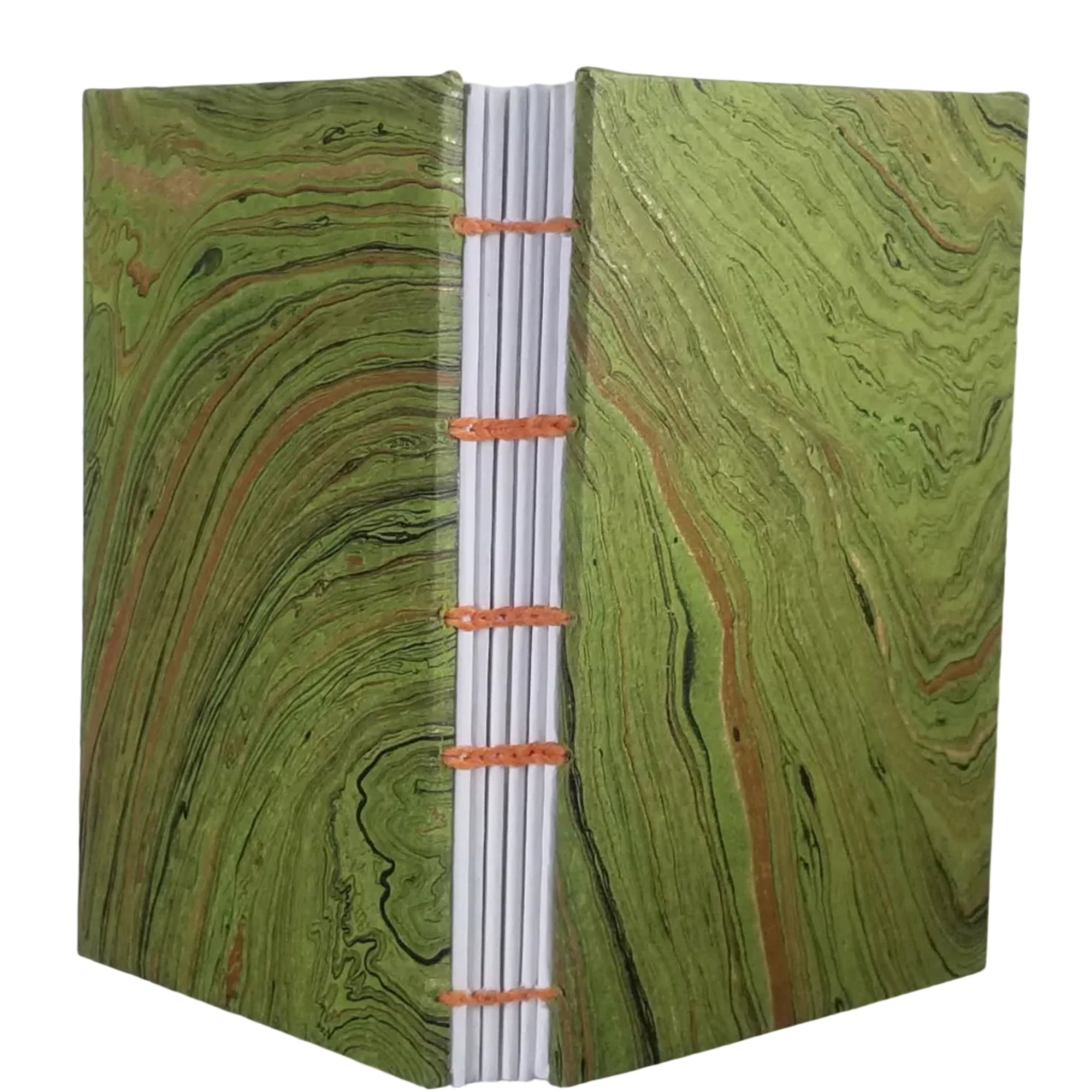 Handmade journal with marbled chartreuse paper on the covers; six signatures of white paper; and coptic-bound with orange waxed linen thread. ~3.75×5.25" and 116 pages.