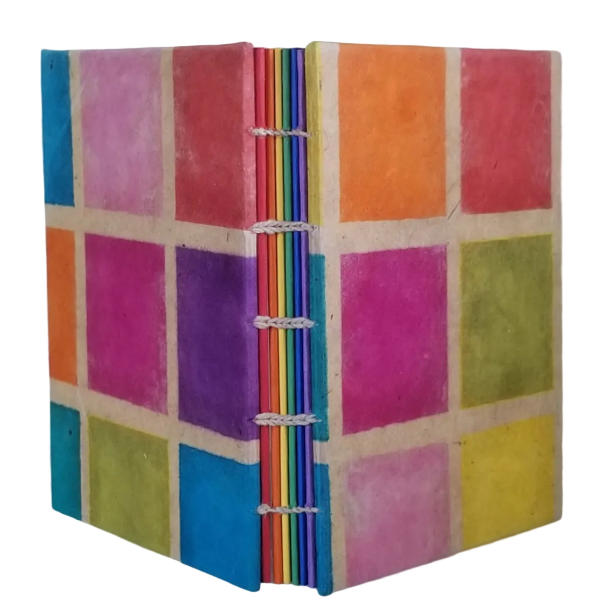 Small handmade journal with plant-based paper on the covers in a multi-color grid pattern; each of the six signatures of white paper has a color cover so, the spine looks like the colors of the rainbow; coptic-bound with lavender waxed linen thread. ~4×5" and 116 pages