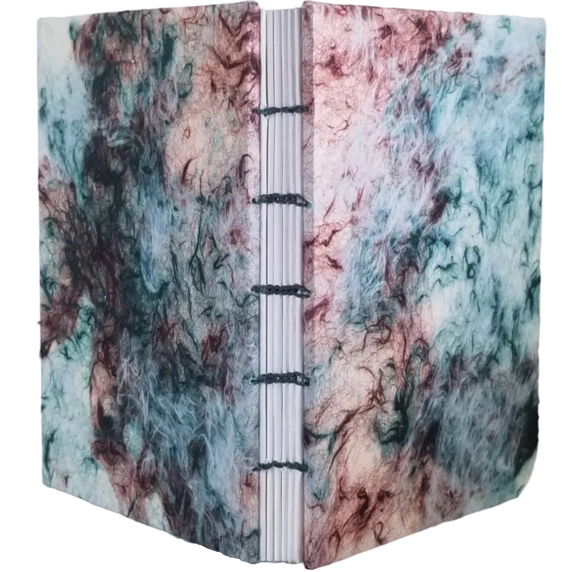 Handmade journal with plant-based marbled paper on the covers in red, green, and white; six signatures of white paper; and coptic-bound with waxed linen thread. ~4.25×5.5" and 116 pages.