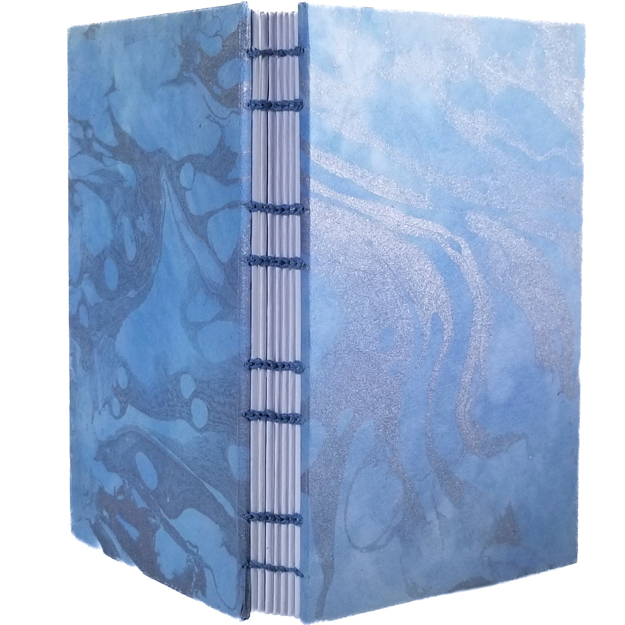 Handmade journal with mulberry (kojo) paper covers, in a blue and silver marbled pattern, and seven signatures bound with a light blue French-link stitch. 4x6" 108 pages.