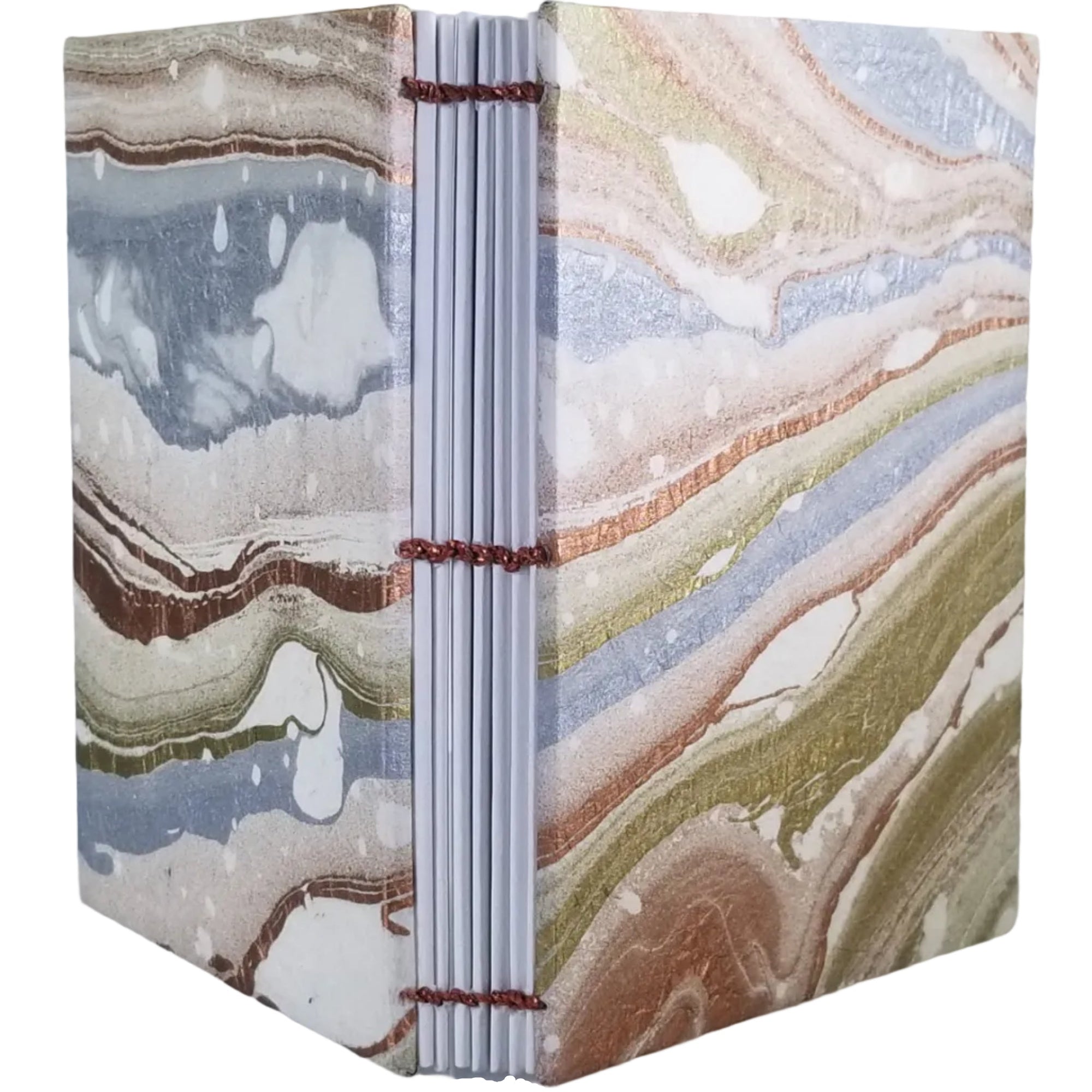 Handmade journal with mulberry paper covers, in a marbled pattern with metallic colors, and seven signatures coptic-bound with a metallic copper thread. ~4.25×5.5" 136 pages