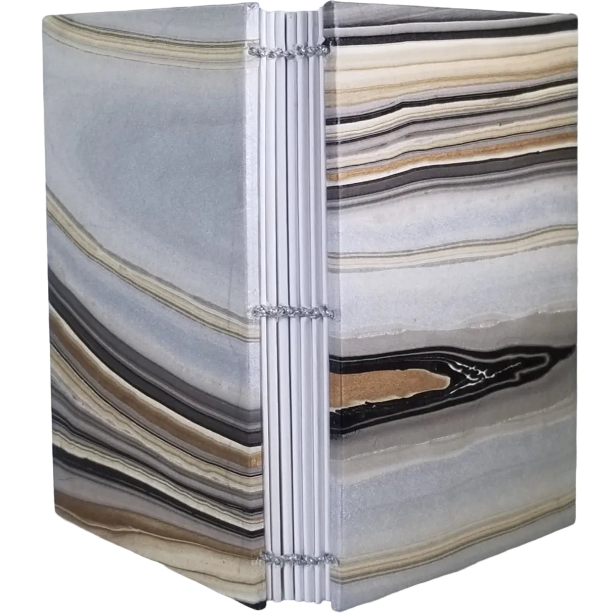 Handmade journal with mulberry (kojo) paper covers, in a marbled pattern of silver, copper, and black; seven signatures bound with silver thread using a coptic stitch. ~4.25×5.5" 136 pages.