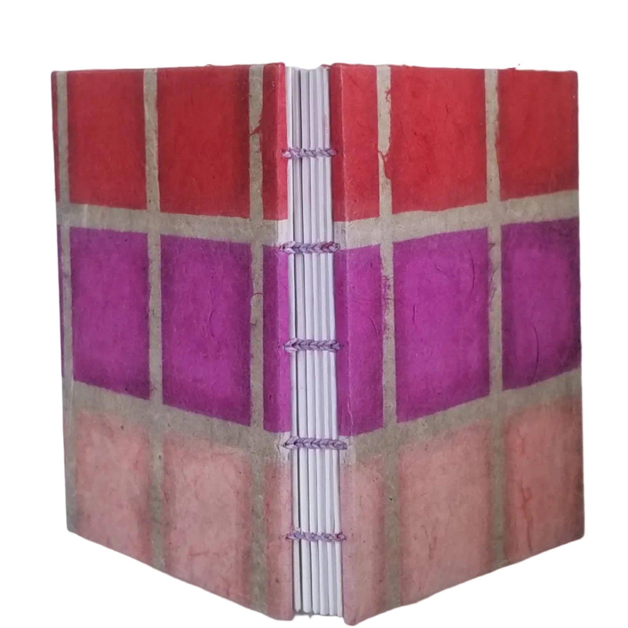 Small handmade journal with eco-friendly plant-based paper on the covers in a grid pattern of red, purple, pink, and beige; six signatures of white paper; and coptic-bound with lavender waxed linen thread. ~4.25×5" and 92 pages