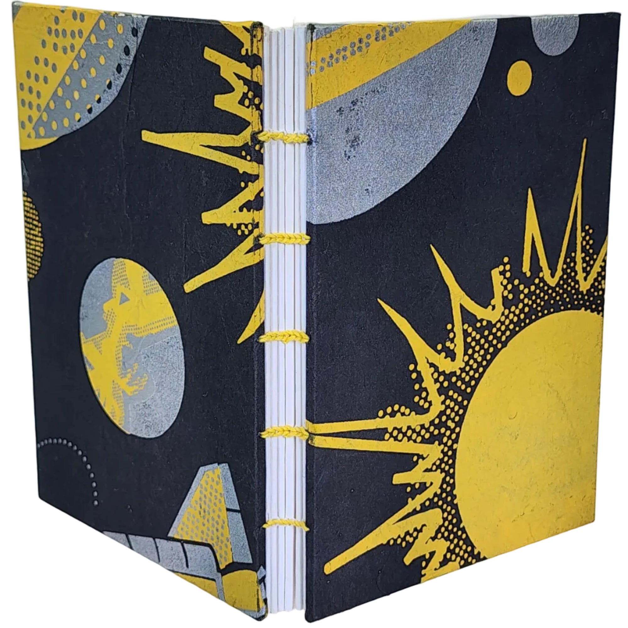 Handmade journal with lokta paper covers in a 'Retro Space' pattern with sun and moon design on black; six signatures, with rounded corners, coptic bound with yellow thread. ~4.25×6" 116 pages