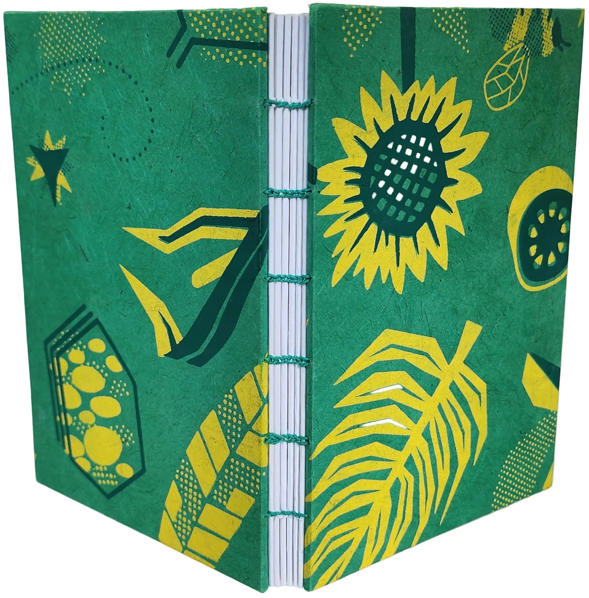 Handmade journal with Cognitive Surplus lotka paper, in a pattern of abstract plants on green paper; six signatures of white paper with rounded corners are coptic bound with matching green thread. ~4.75×7" and 116 pages.