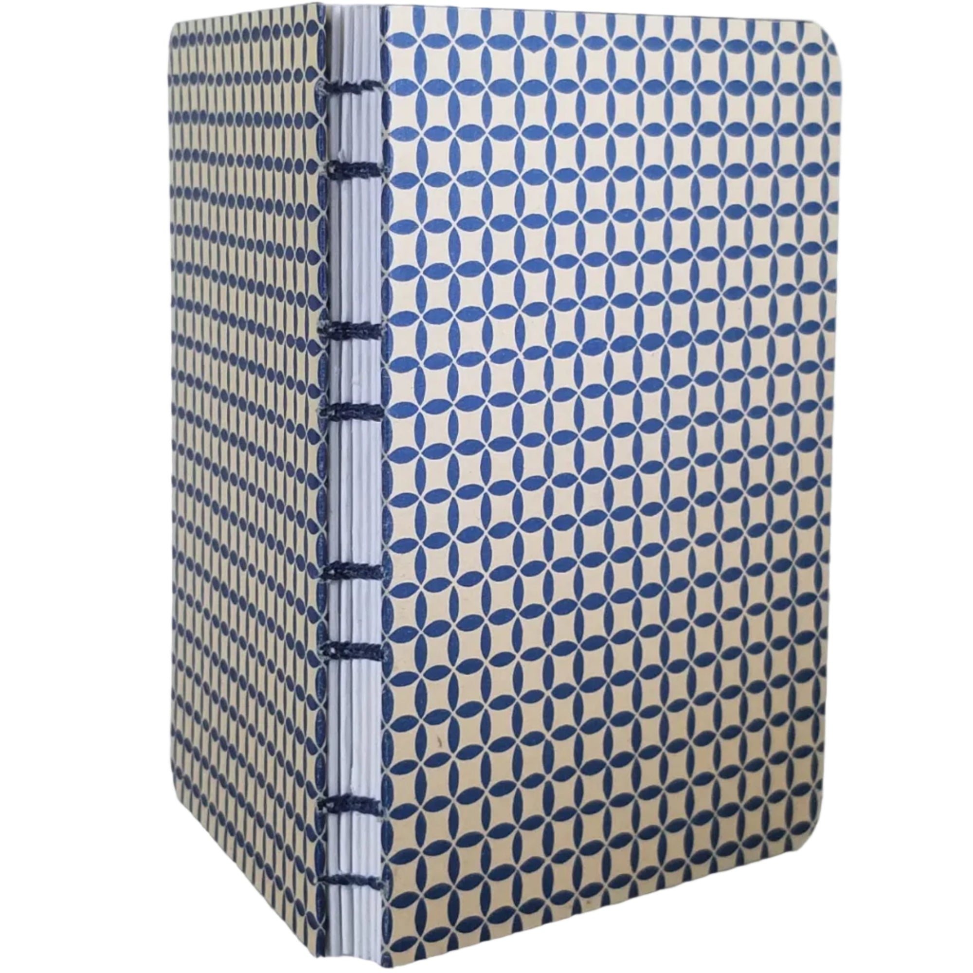 Handbound notebook with blue and beige geometric pattern with blue coptic binding.