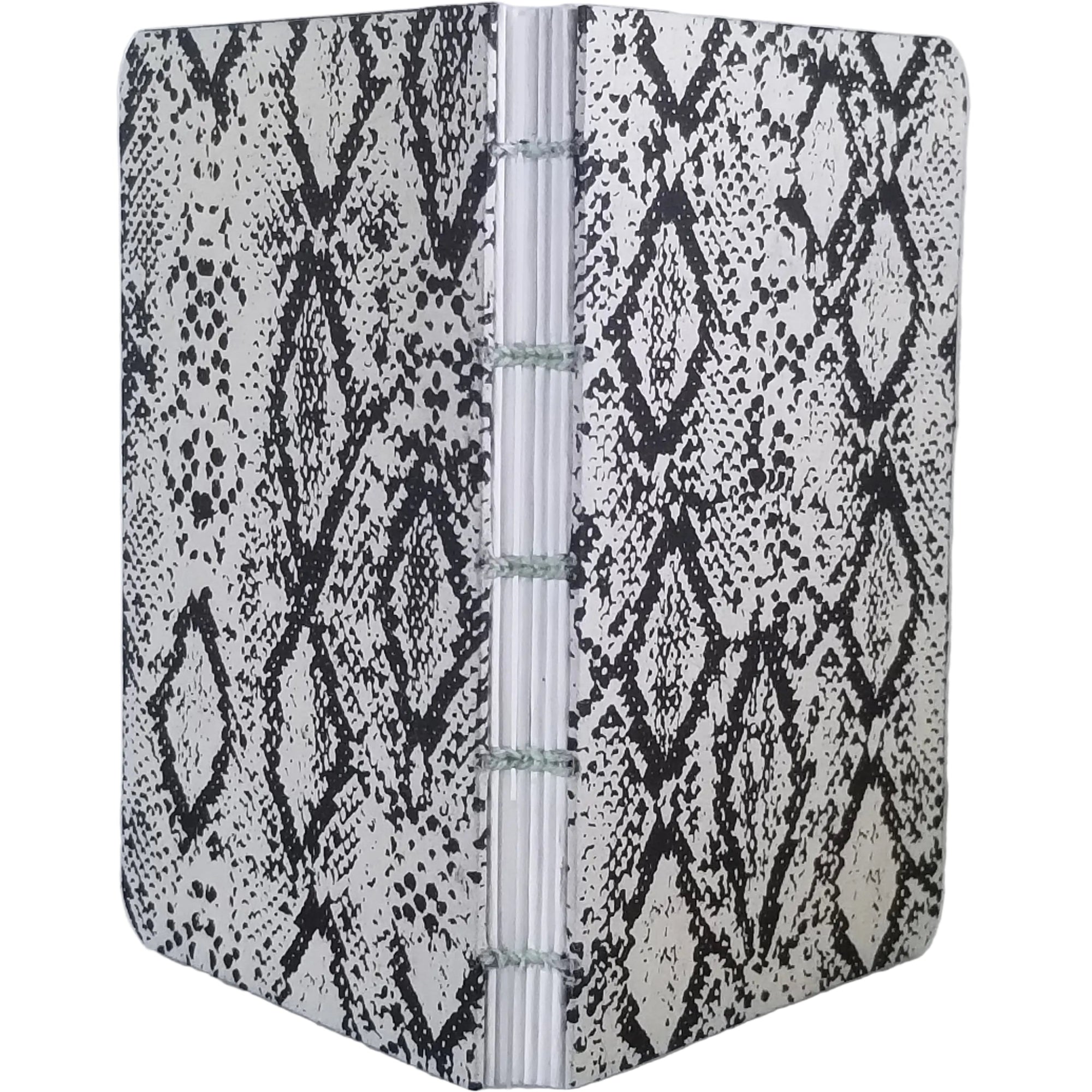 Handmade notebook with faux snakeskin patterned paper on the covers, six signatures of white paper, coptic-bound using matching light green waxed linen thread. ~3.75×5.25″ with 120 pages.