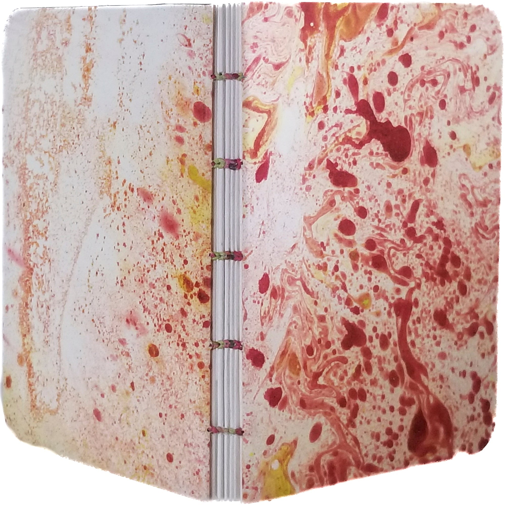 Handmade notebook with predominantly red marbled paper, six signatures of white paper, coptic-bound using a variegated waxed linen thread; ~3.75×4.75″ with 96 pages.