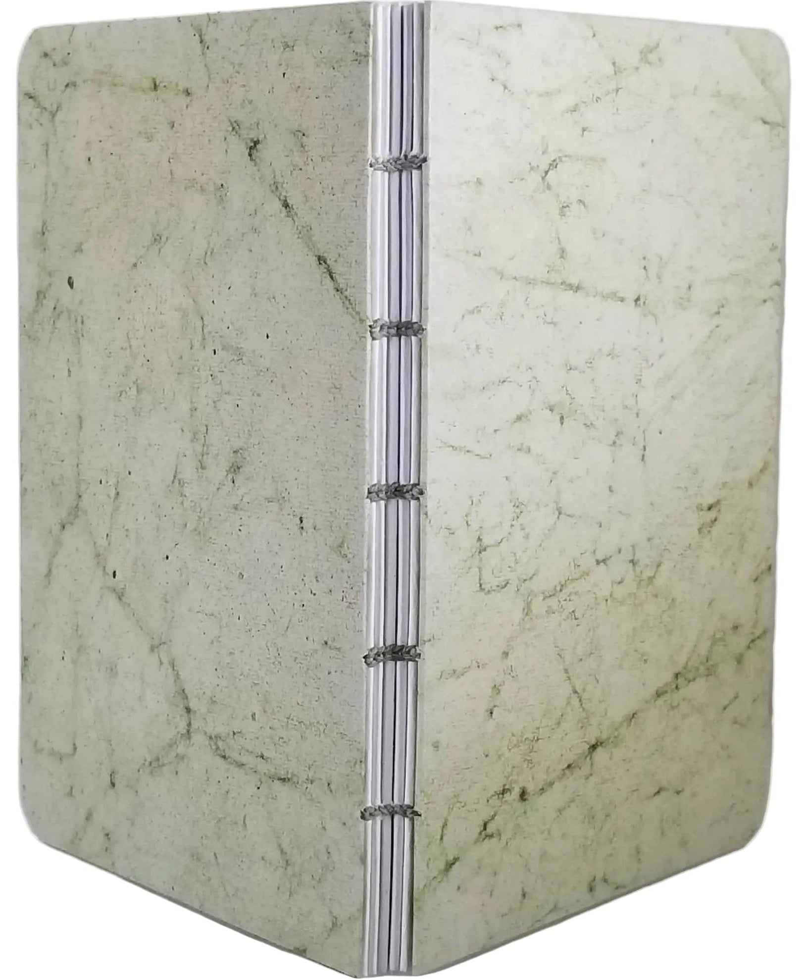 Handmade green marble notebook with an olive green coptic binding