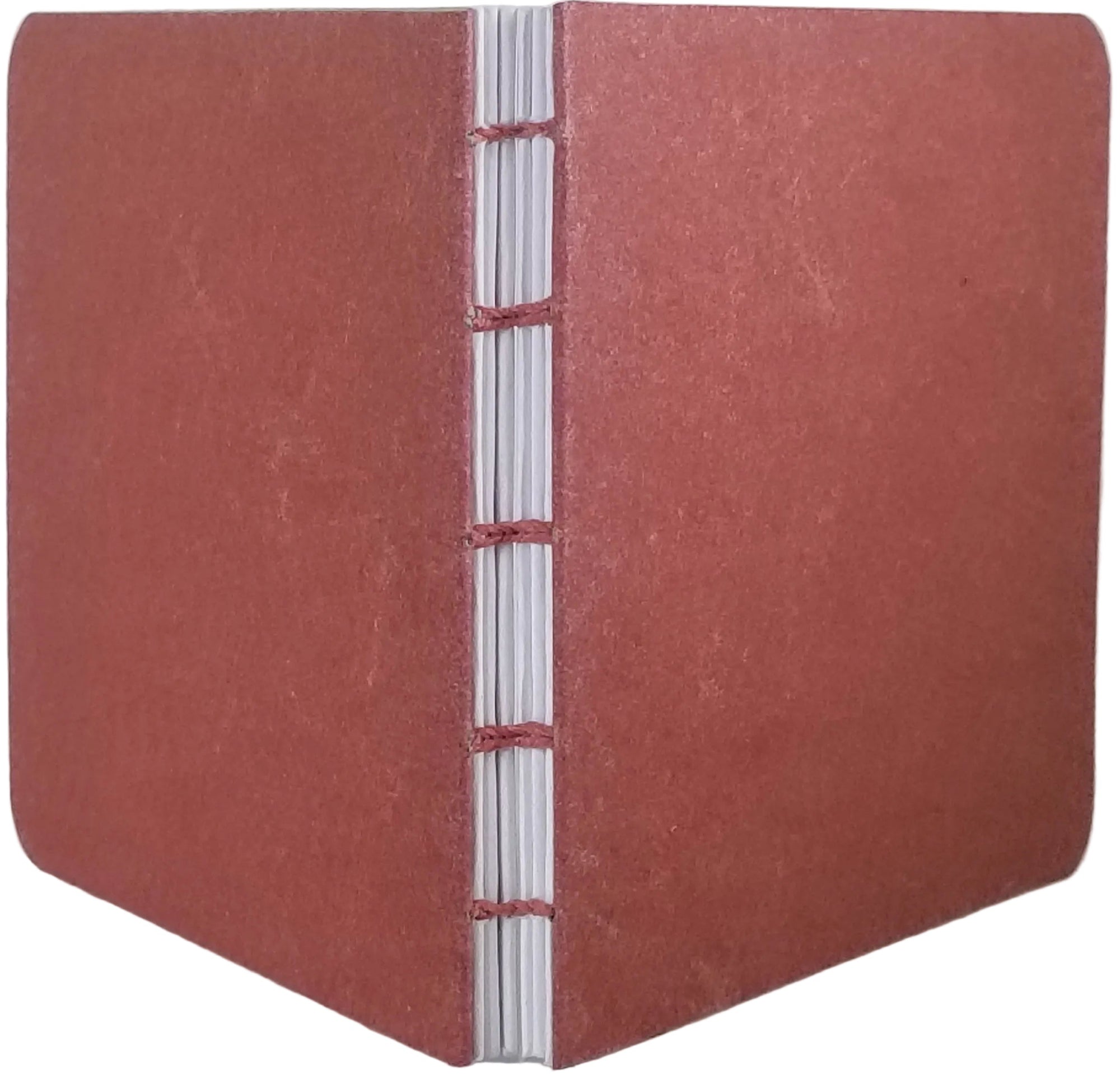 Handmade book with rust-color covers, six signatures of white paper, coptic binding with matching color thread, and rounded corners. ~4.75x4.25" with 96 pages.