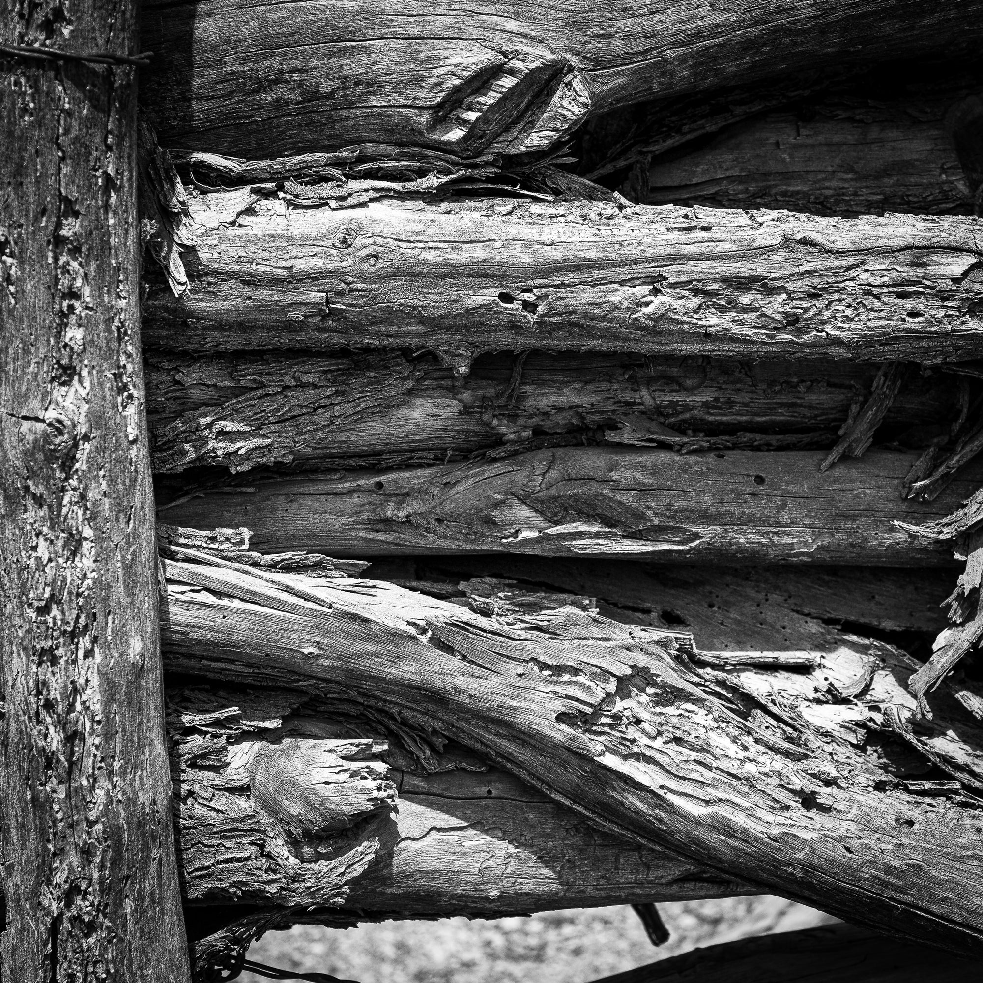 Close-up of a primitive wall constructed with weathered wood logs; photographer Rick Graves
