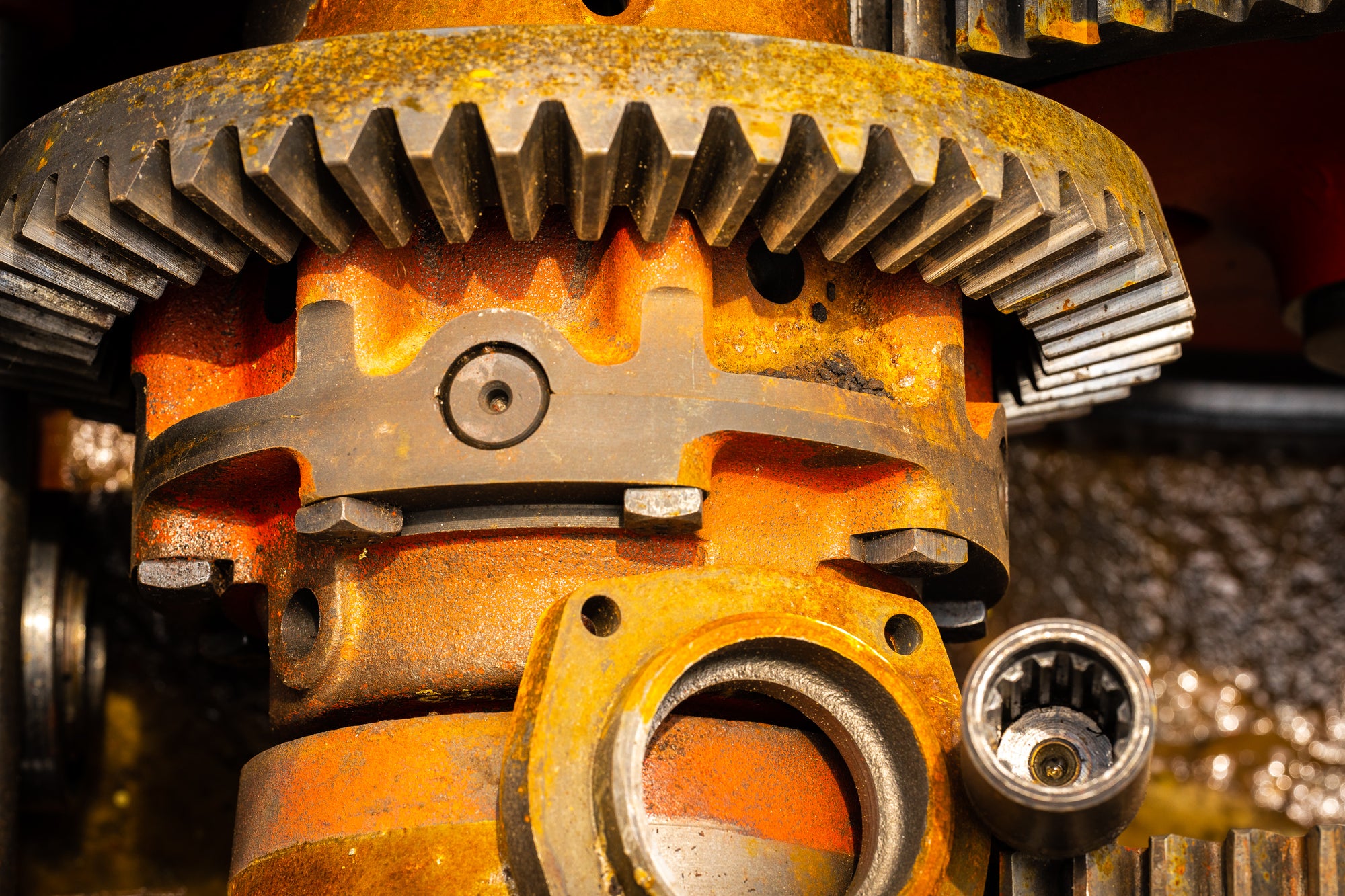 Close-up of rusty mechanical gears and components; photographer Rick Graves