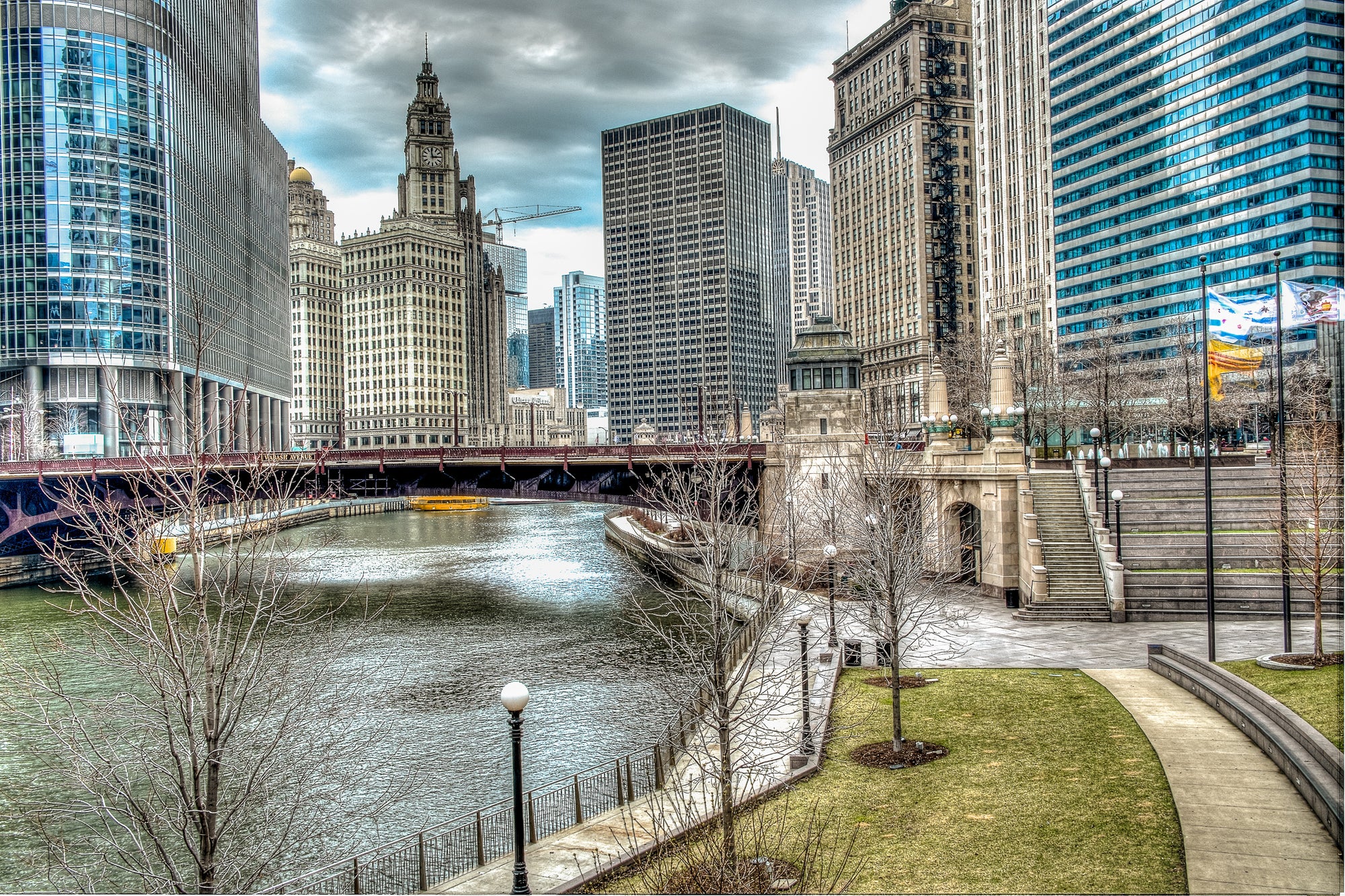 Urban still-life at the Wabash Bridge, Chicago, looking at the river and skyline; photographer Rick Graves