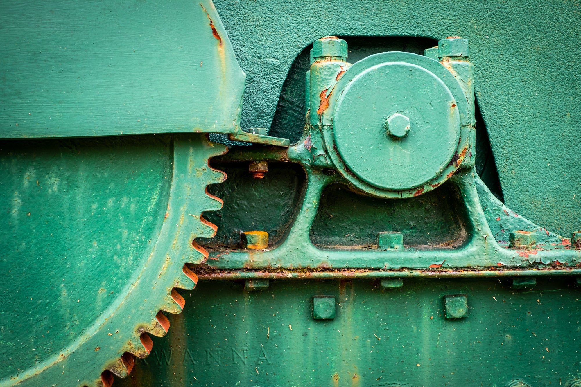 Close-up of a rust-covered metal gear on a green Buffalo Springfield roller; photographer Rick Graves