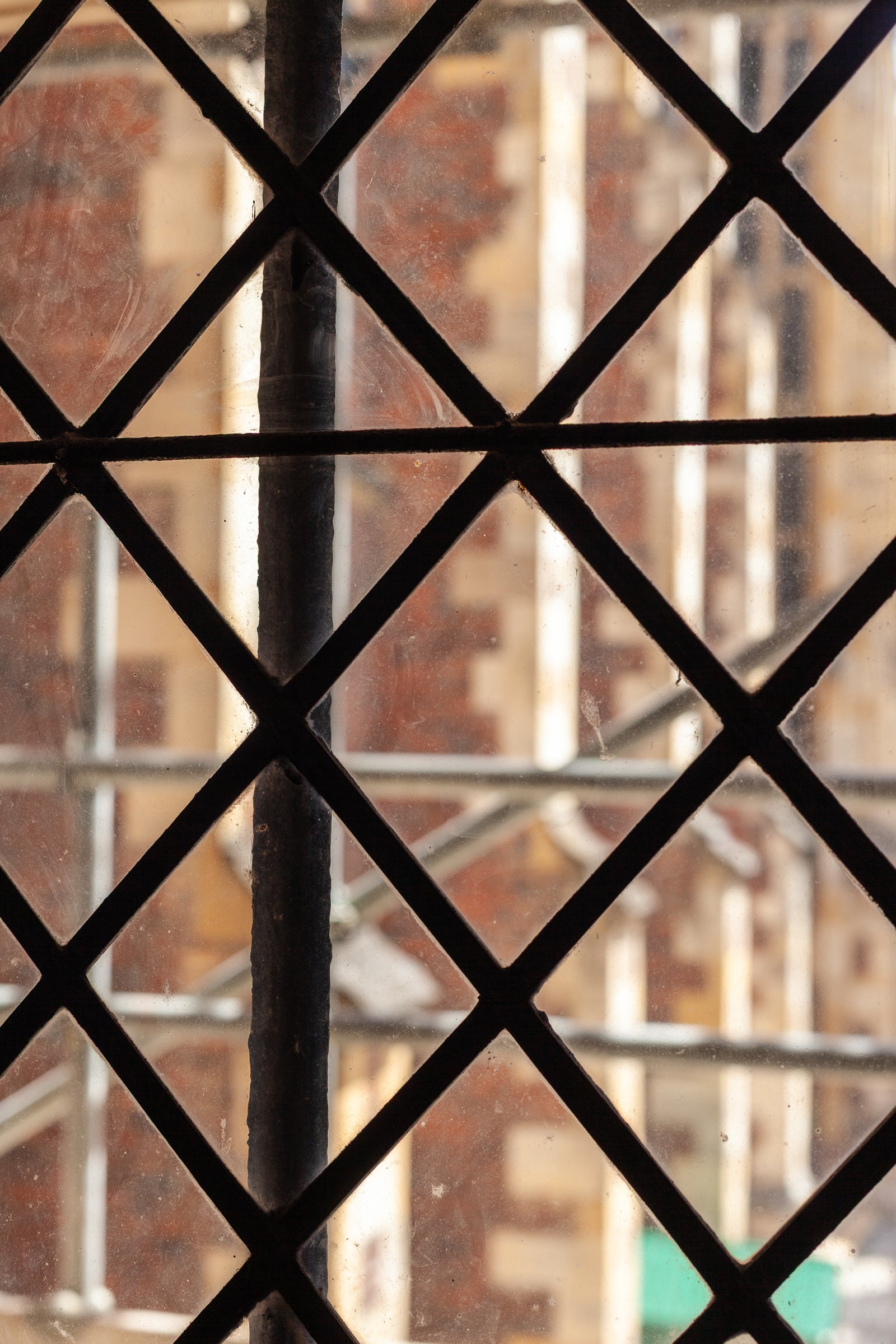 Window with black metal lattice pattern looking out at a blurred brick wall; photographer Rick Graves