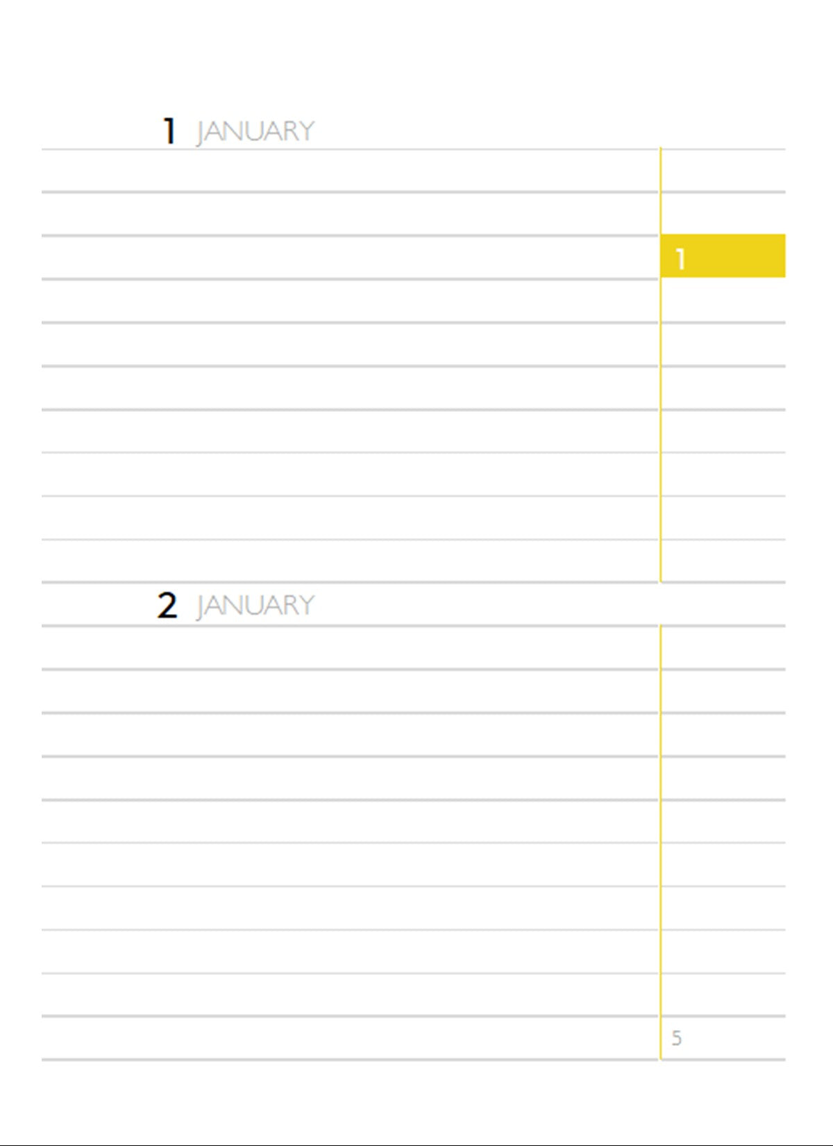 Perpetual Calendar Diary page 5, month 1 (yellow), showing 1 January and 2 January. Size 4x5.5"