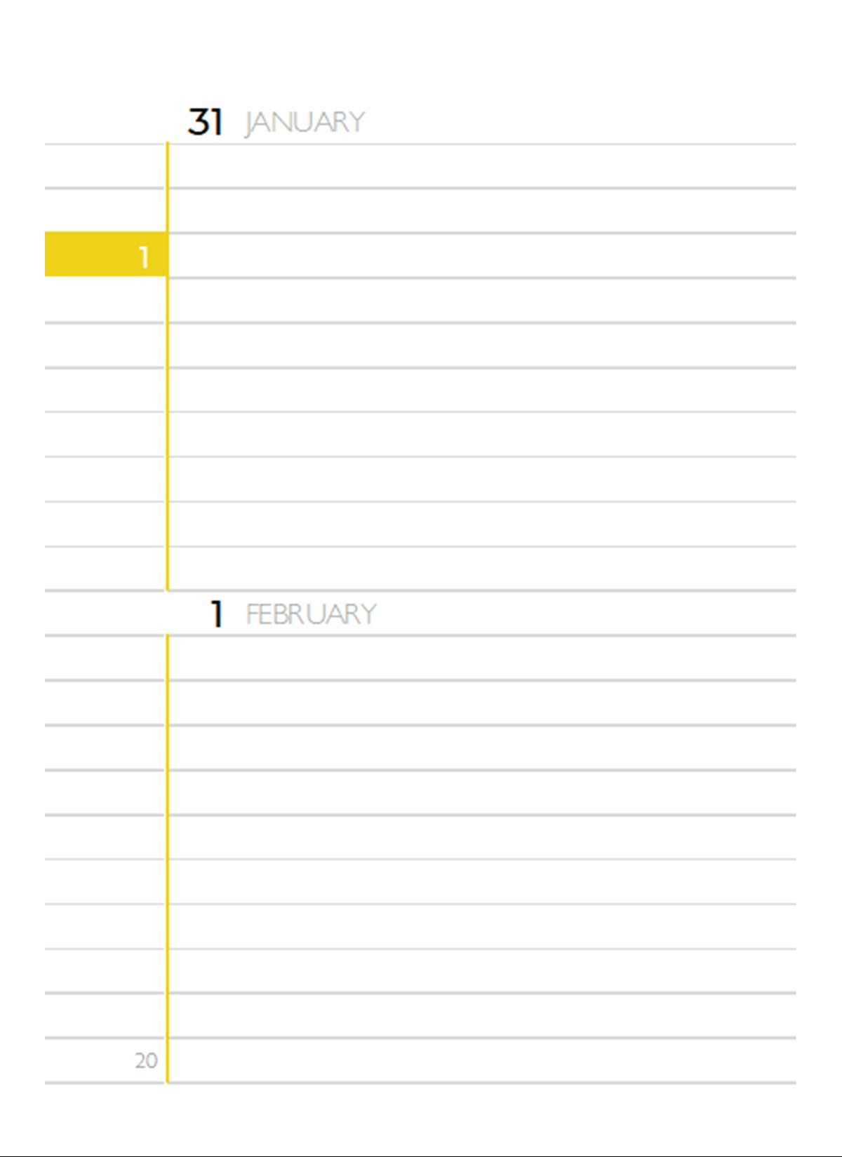 Perpetual Calendar Diary page 20, month 2, showing 31 January and 1 February
