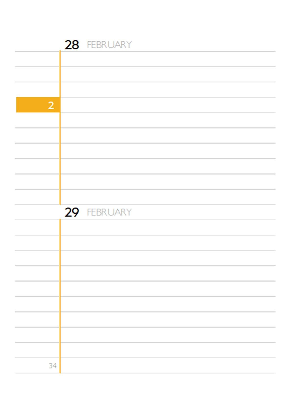 Perpetual Calendar Diary page 34, month 2, showing 28 February and 29 February. Size 4x5.5"