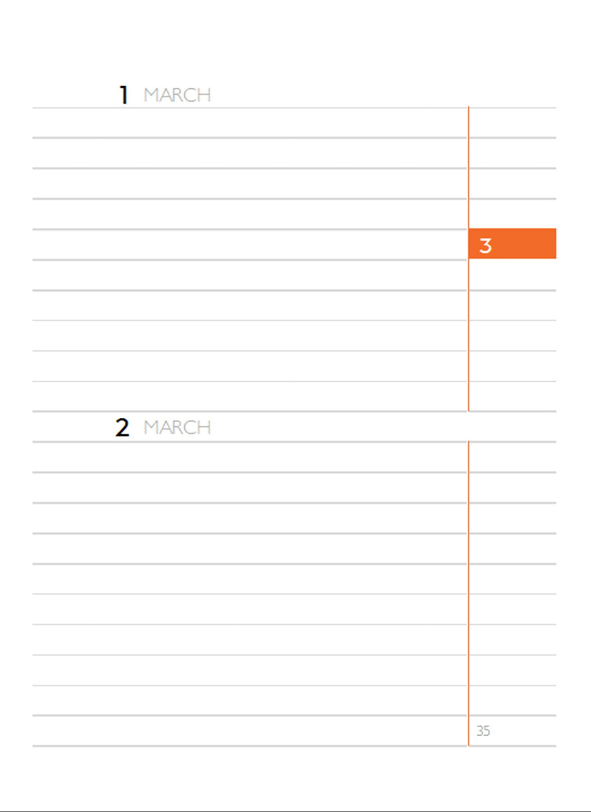 Perpetual Calendar Diary page 35, month 3, showing 1 March and 2 March