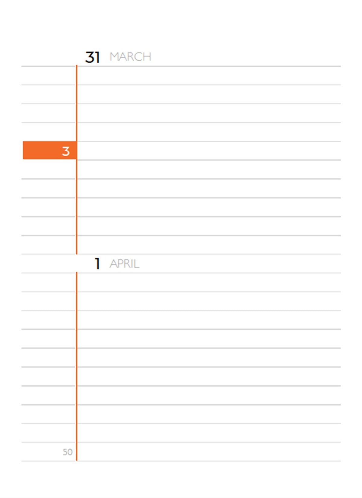 Perpetual Calendar Diary page 50, month 3, showing 31 March - 1 April. Size 4x5.5"