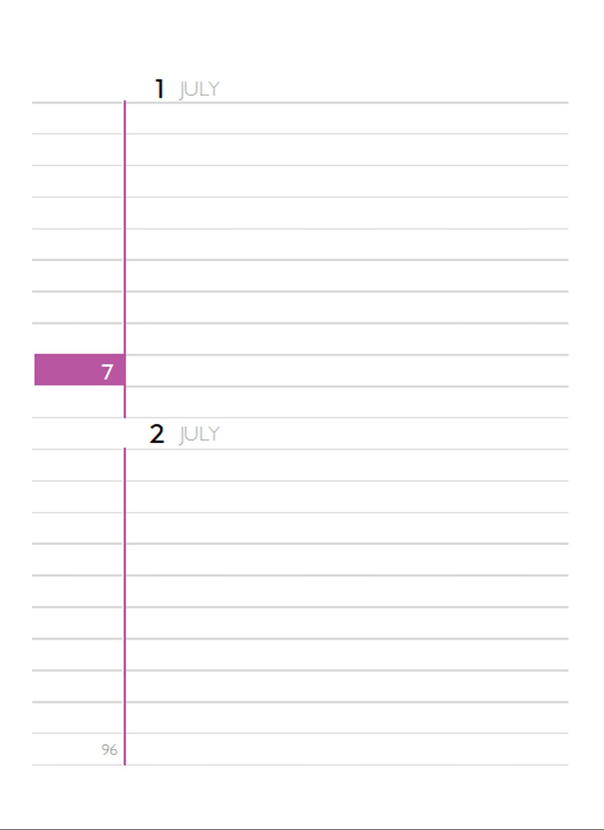 Perpetual Calendar Diary page 96, month 7, showing 1 July and 2 July. Size 4x5.5"
