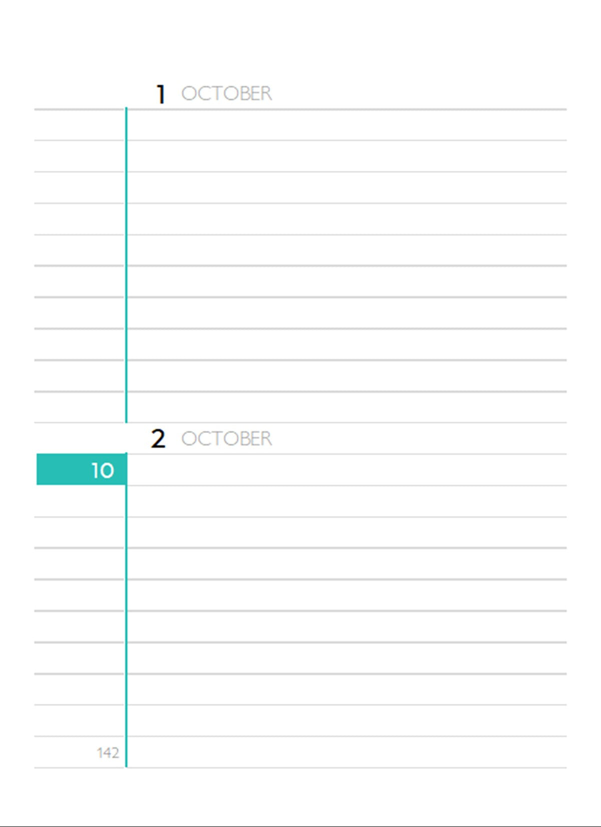 Perpetual Calendar Diary page 142, month 10, showing 1 October and 2 October. Size 4x5.5"