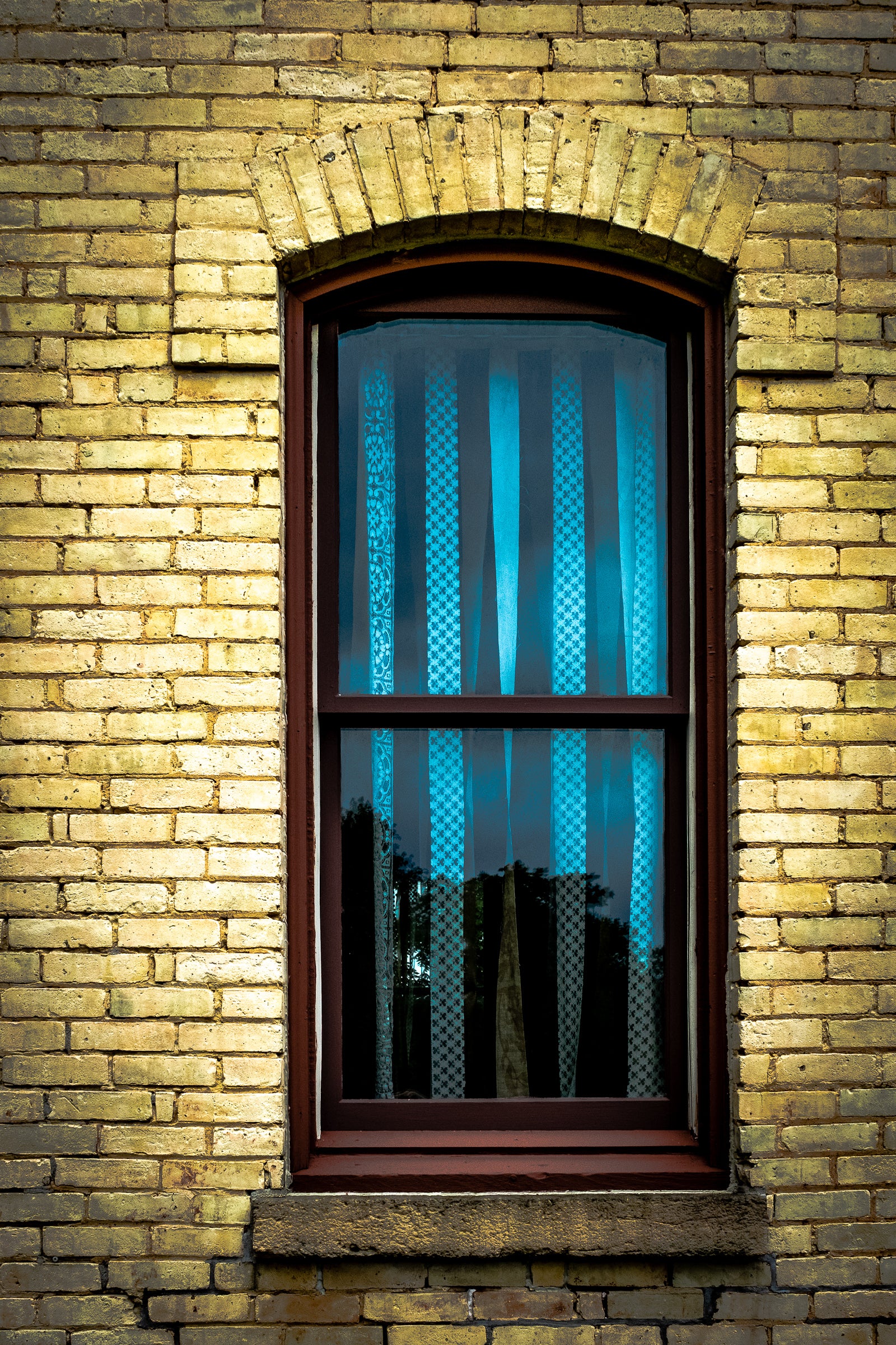 An arched window, in a yellow-brick  wall, with silvery blue panels reflecting blue sky and trees. Rick Graves; every print $25 plus shipping.